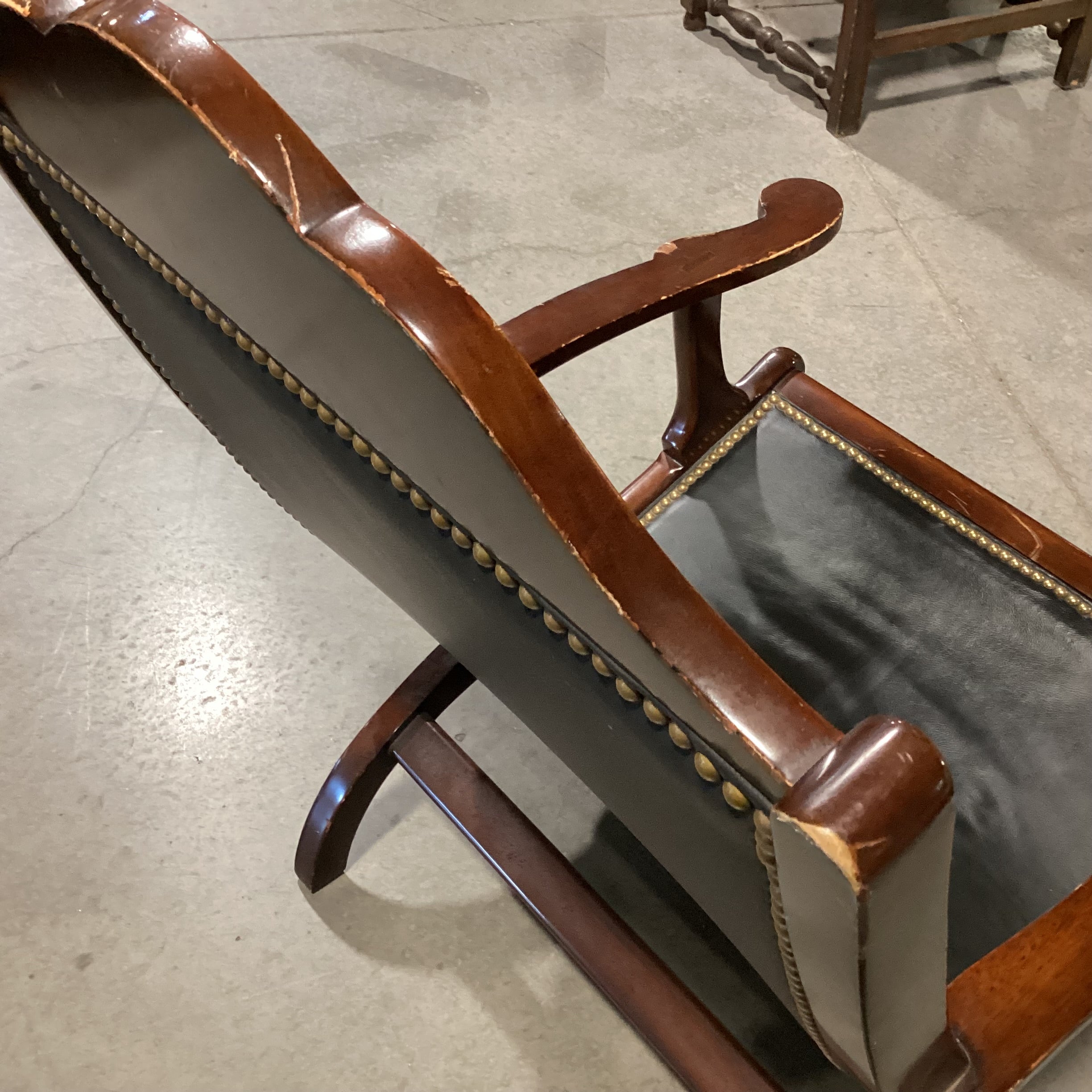 Black Leather Nailhead & Carved Wood Plantation Style Chair 27"x 30"x 40"