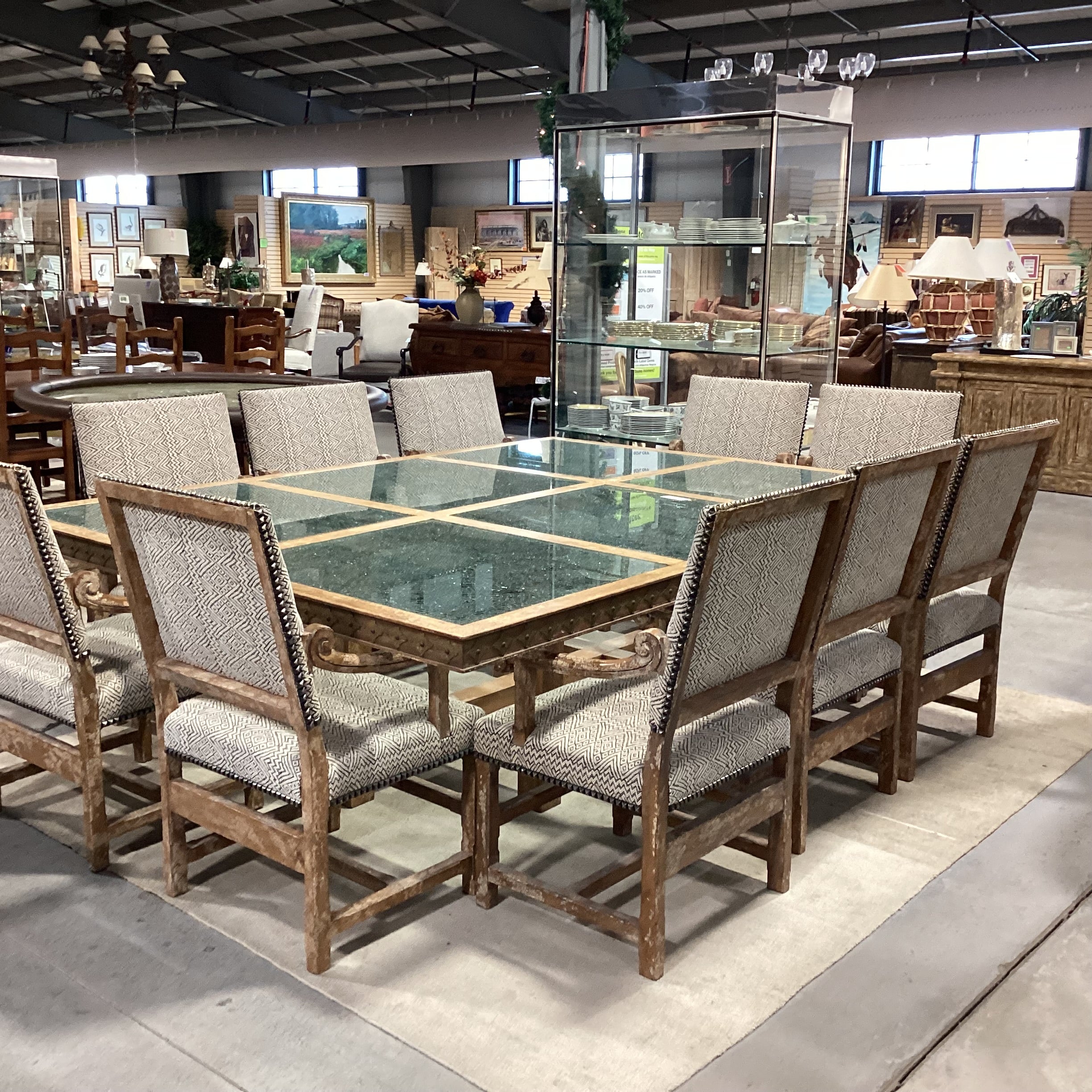 Custom Carved Textured Distressed Finish with Inset Crackle Glass Table with 10 Chairs Dining Set 96"x 72"x 30"