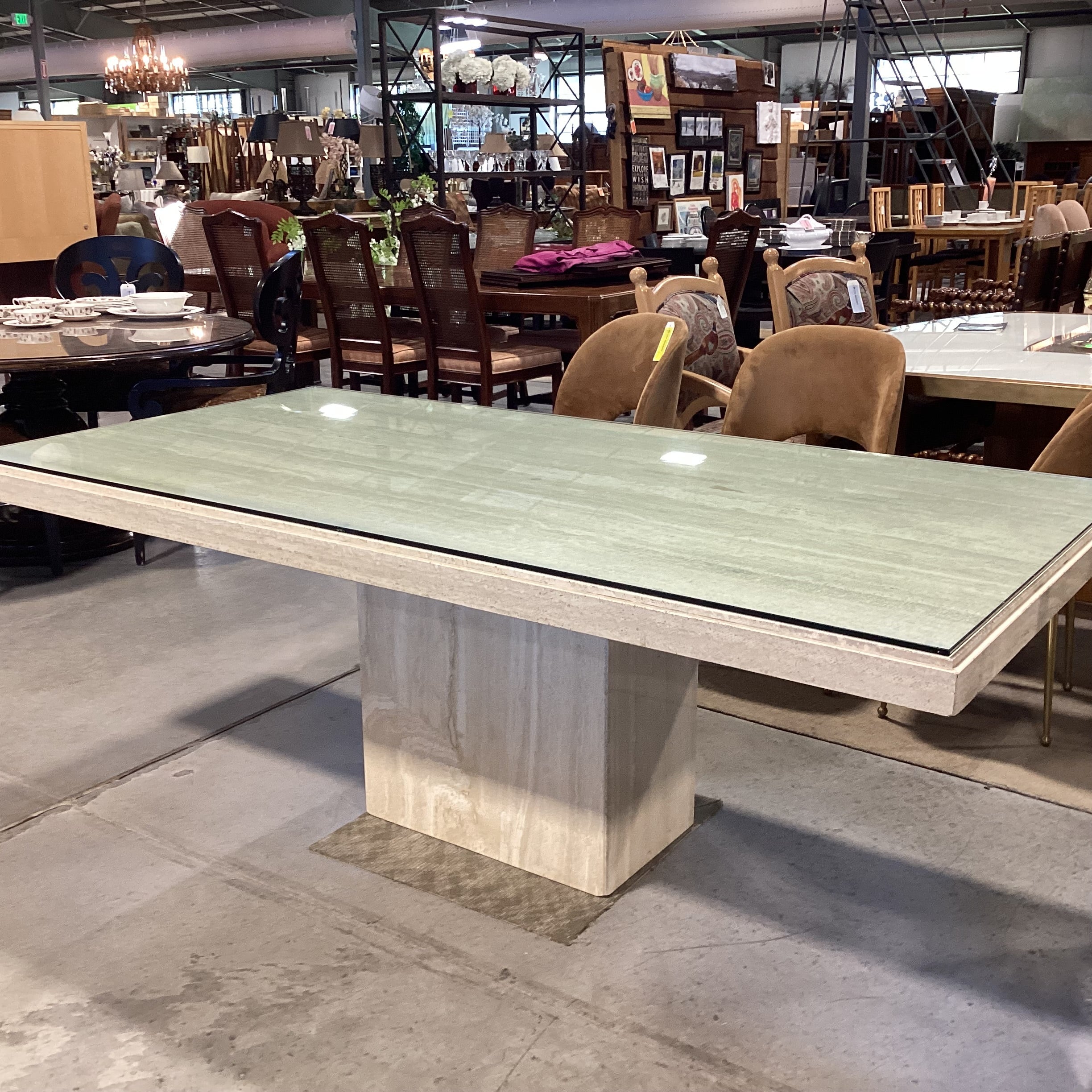 Italian Travertine with Glass Top Dining Table 79"x 39.5"x 30"
