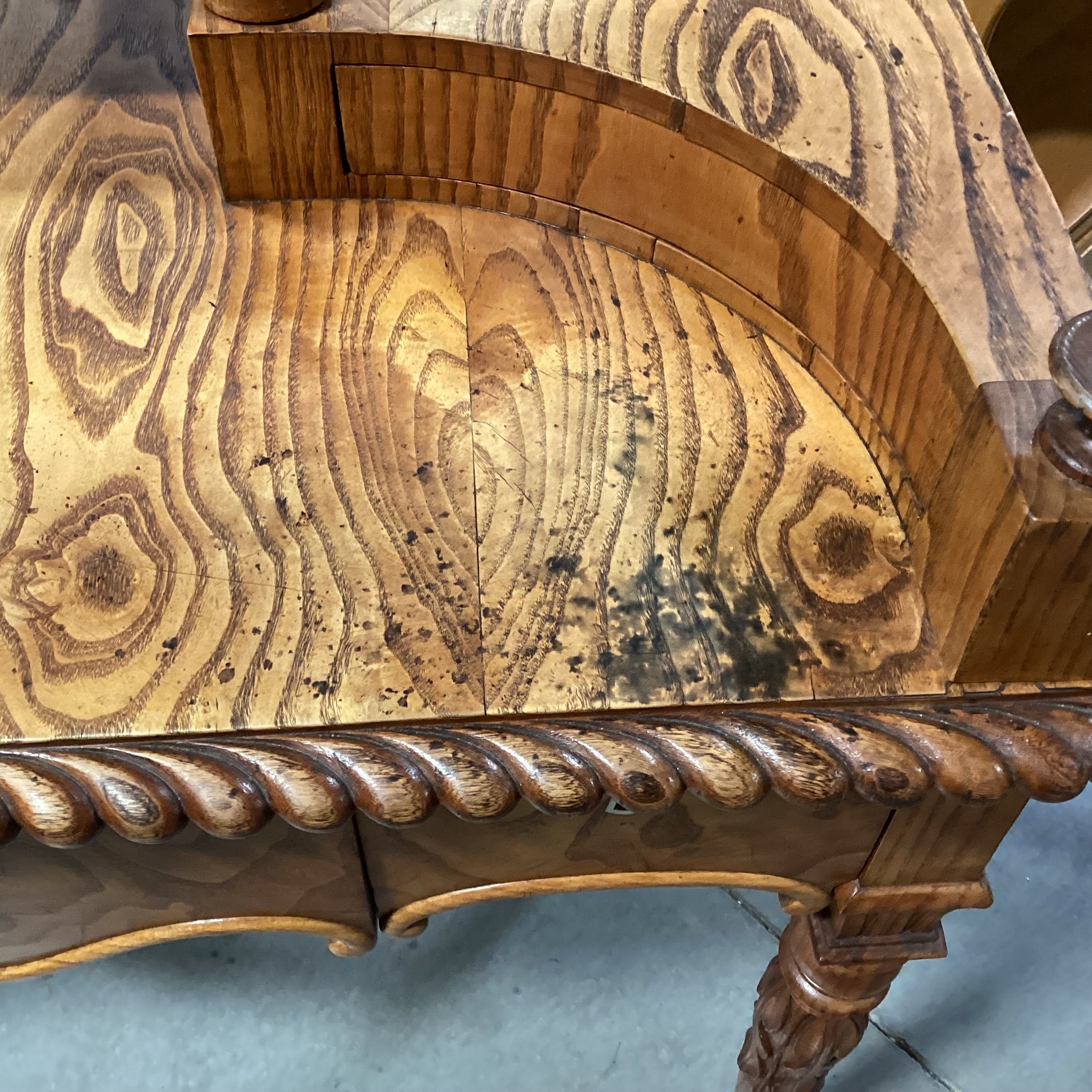 Antique American Carved Wood & Veneer 5 Drawer with Mirror Ladies Vanity Dresser 38"x 19"x 53"