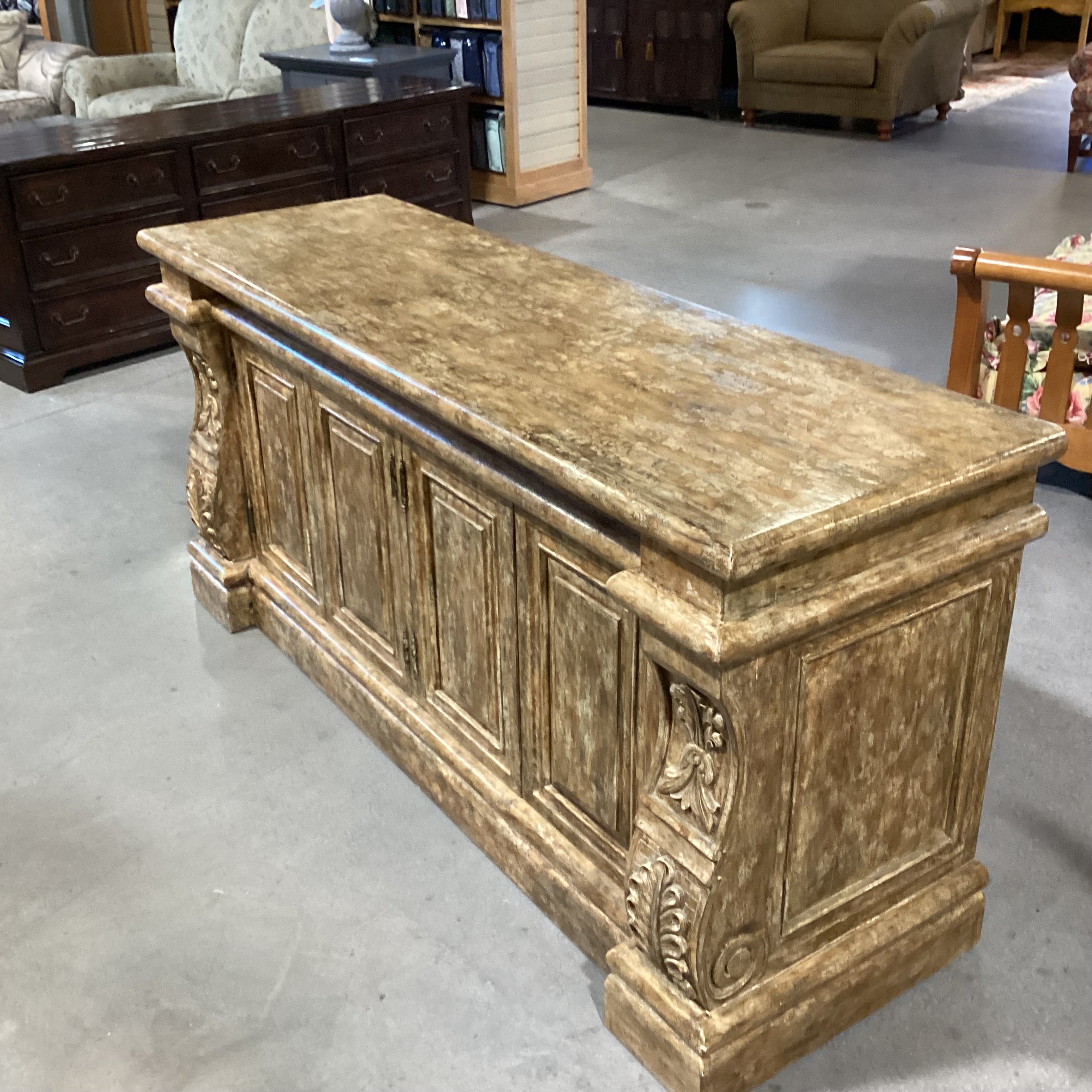 Golden Textured Distressed Finish Ornate Carved Wood 4 Door Credenza 72"x 22.5"x 34"
