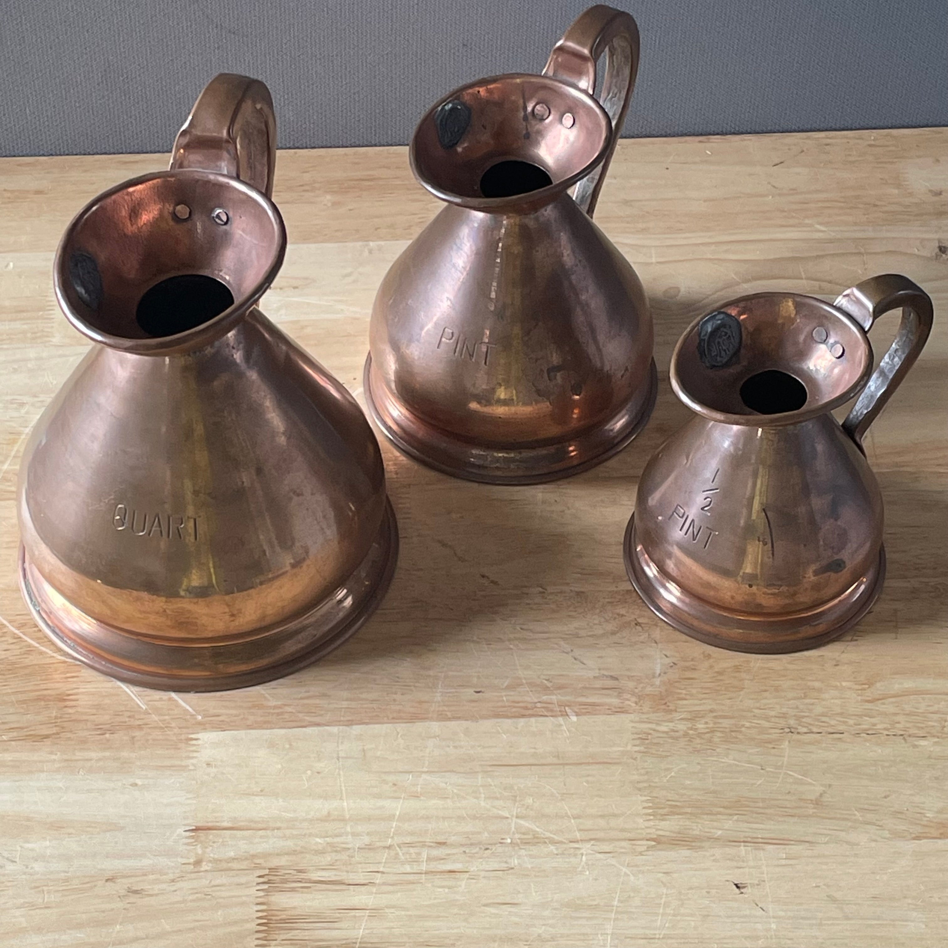 Set of 3 Antique Historical Queen Victoria (VR) Stamped Copper Haystack Measures