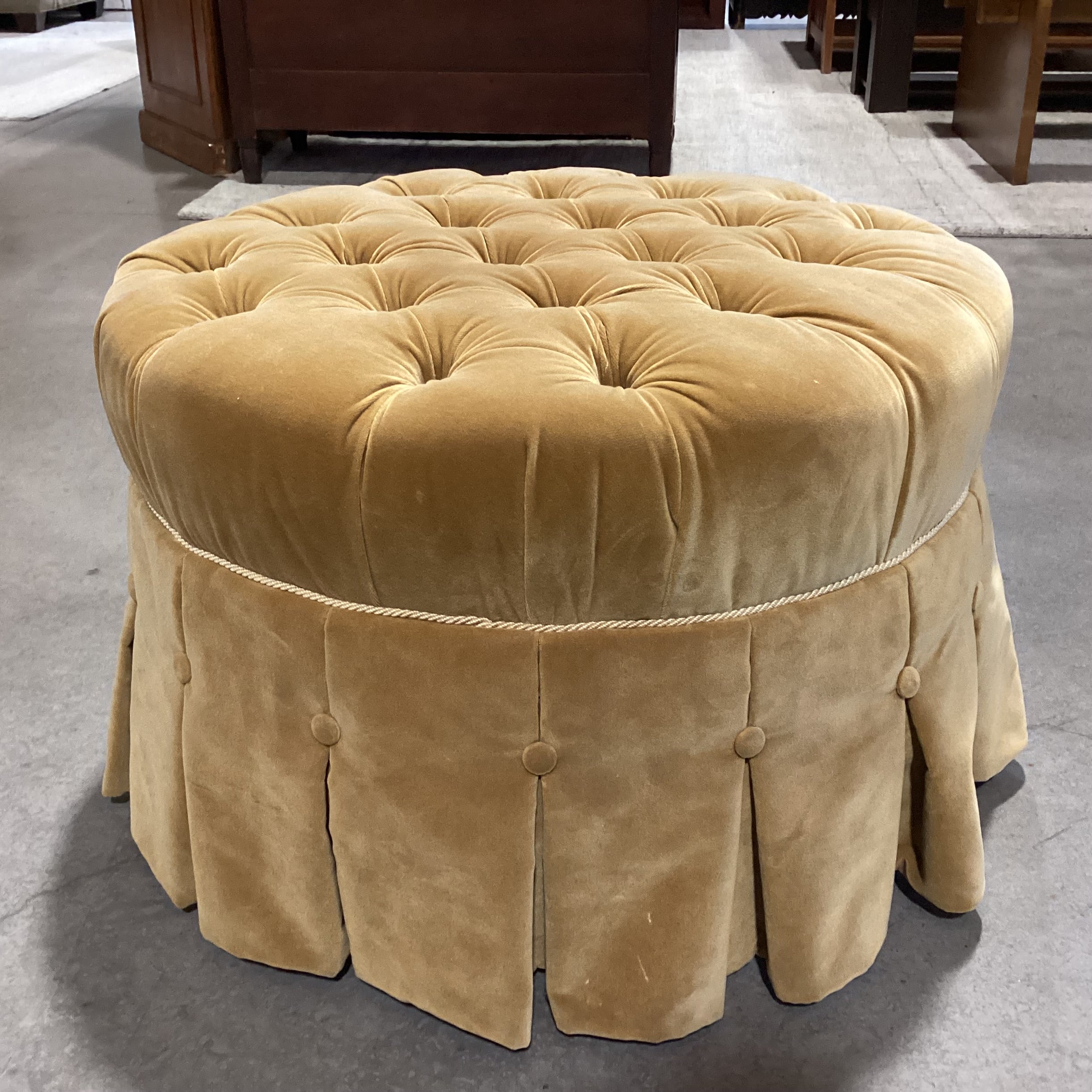 Ethan Allen Gold Velvet Button Tufted & Skirt Round Ottoman 28" Diameter x 18"