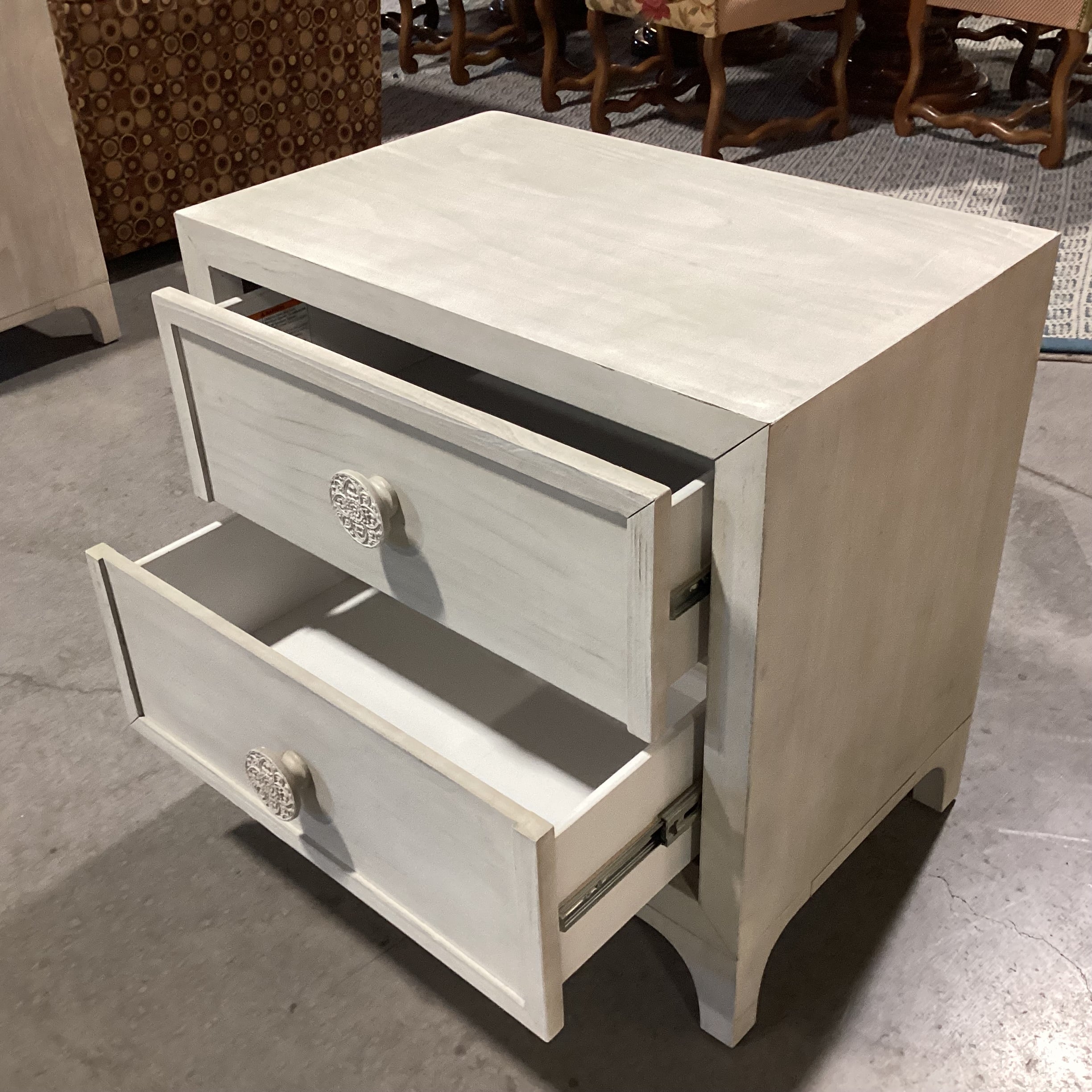 Bohemia White Washed Wood with Carved Mandala Pulls 2 Drawer Nightstand 28"x 18"x 27"