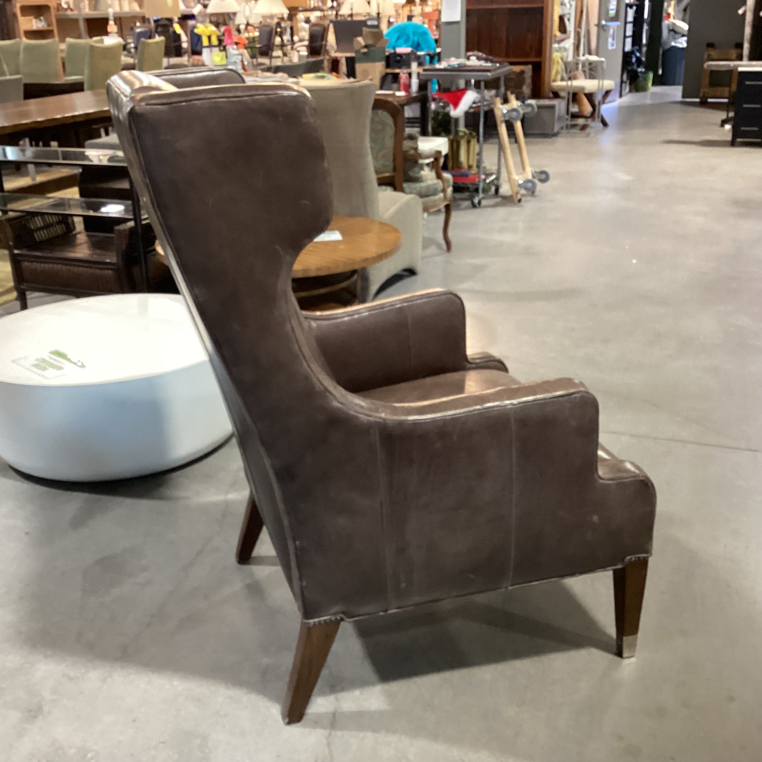 Thom Filicia Taupe Leather Nailhead Highback Wing & Slope Arm Chair 30"x 36"x 48"