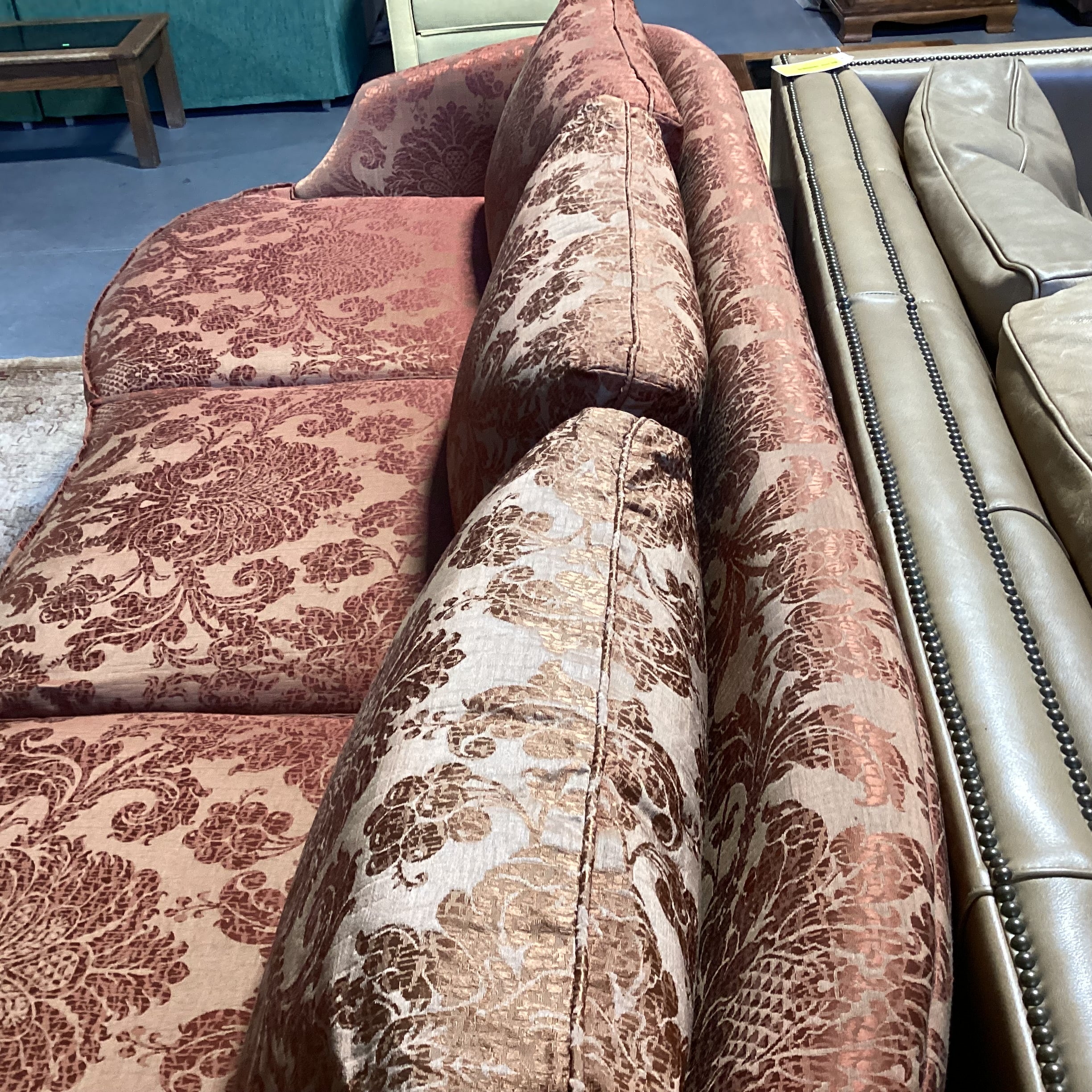 Custom Golden Burnt Orange Ornate Silky Metallic Floral Down Mix Curved Sofa 107"x 44"x 32"