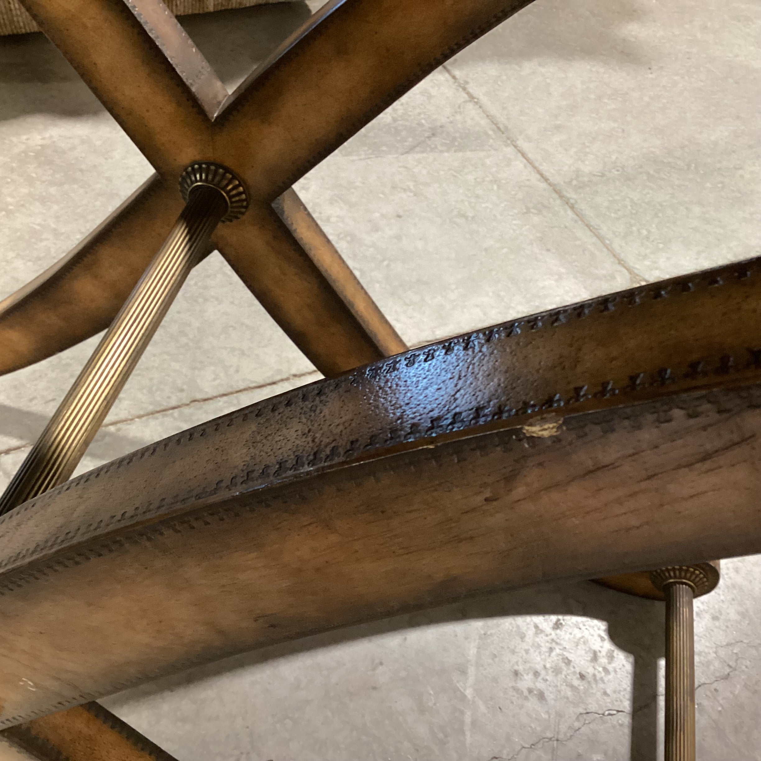 Kreiss Neoclassical Leather with Stitched Accent & X Base Antiqued Brass Stretches Console Sofa Table 40"x 18"x 32.5"