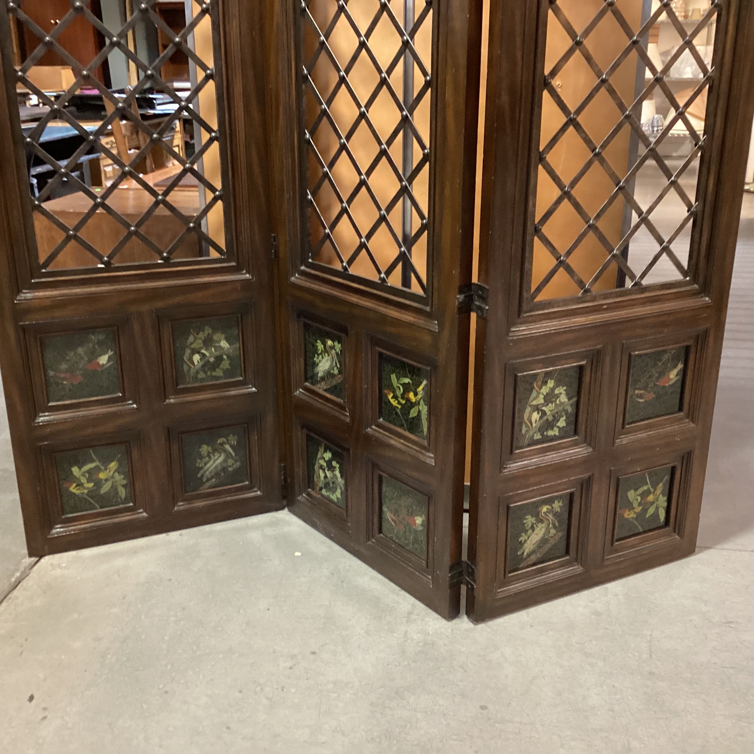 Maitland Smith Carved Wood Metal Lattice & Bird Painted Glass Panes 3 Panel Room Divider 26"x 91.5" Per Panel