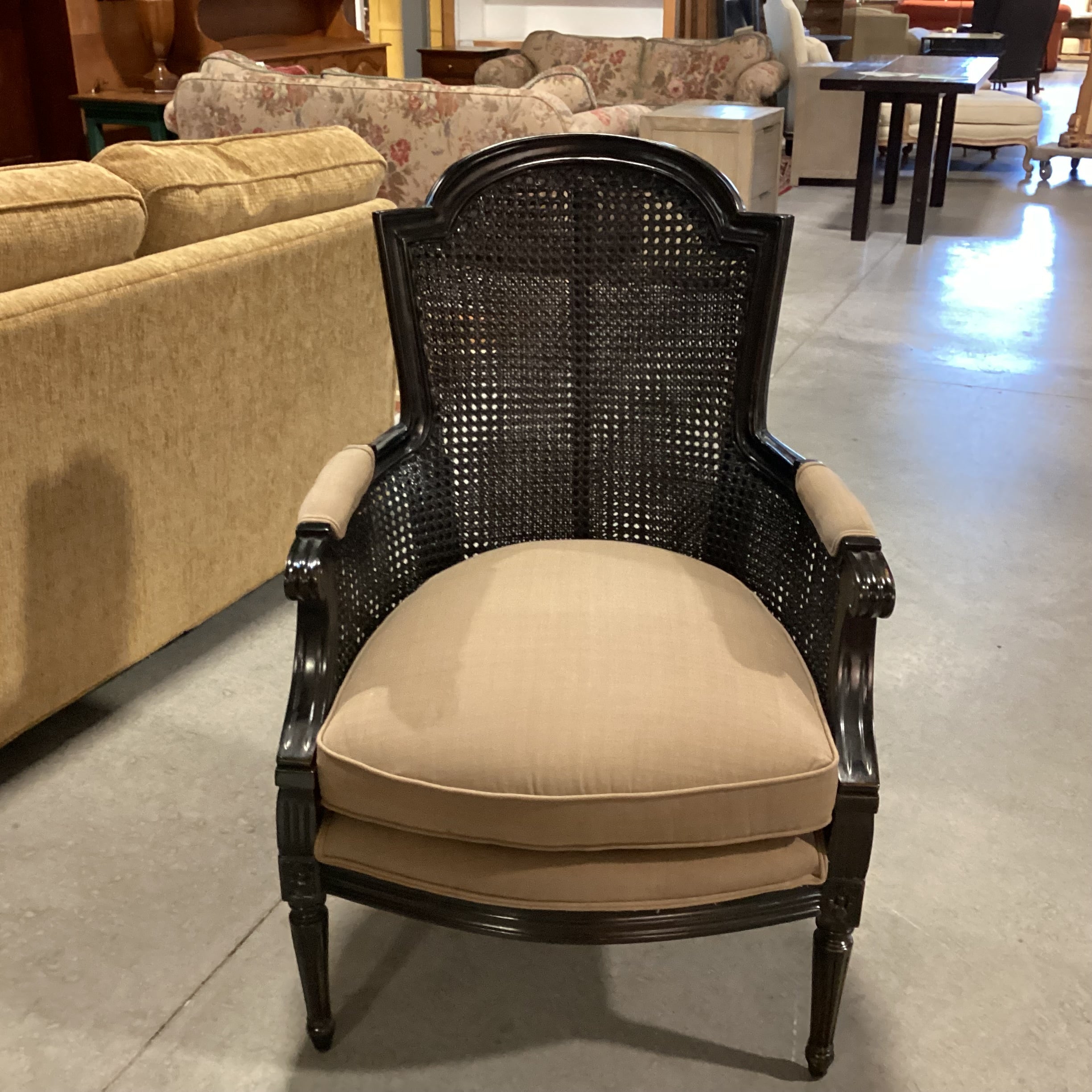 Black French Caning & Carved Wood with Taupe Brown Down Mix Upholstered Chair 26"x 24"x 40"