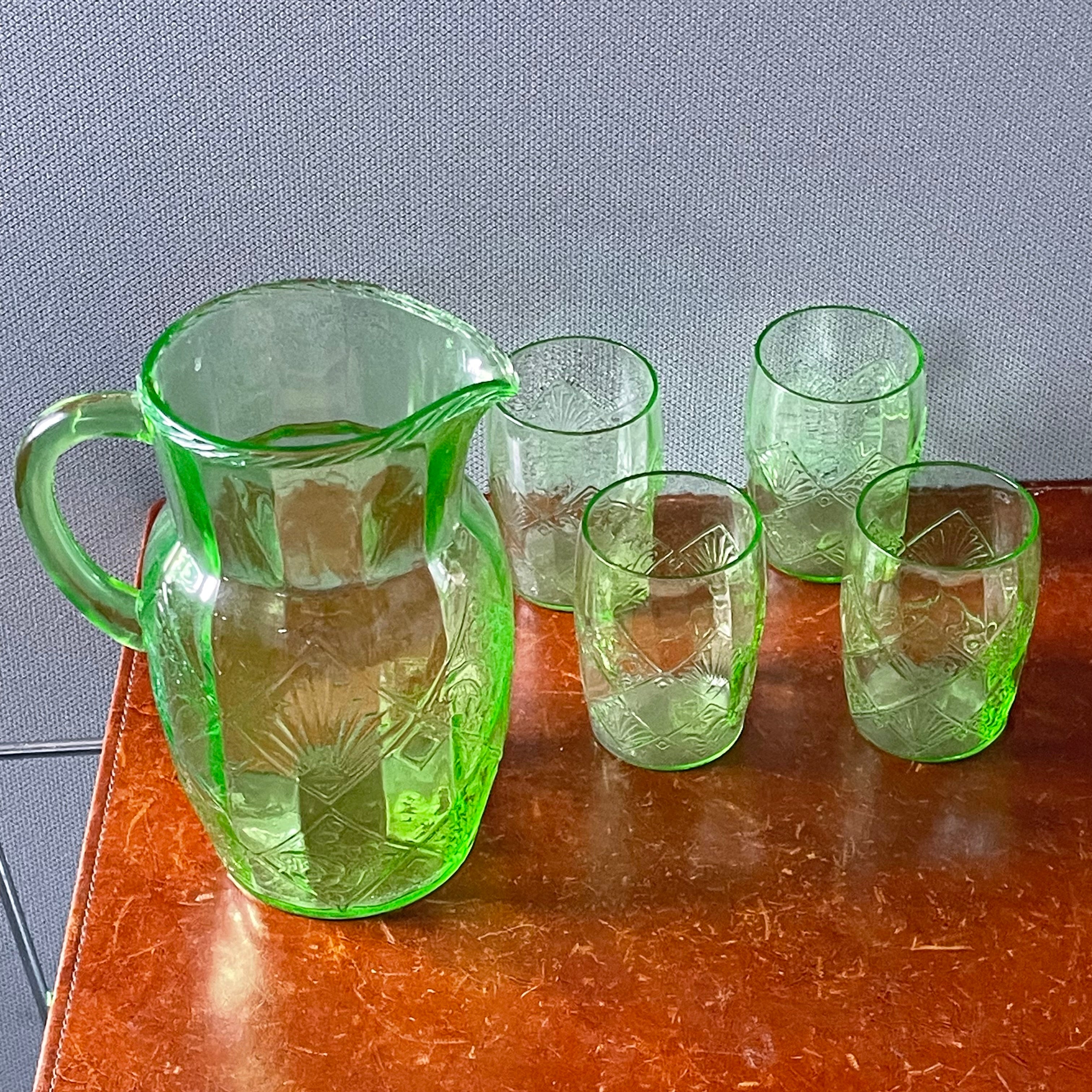 Set of 5 Pieces Vintage Anchor Hocking Fan & Flower Green Uranium Glass Pitcher with 4 Glasses, 1930's