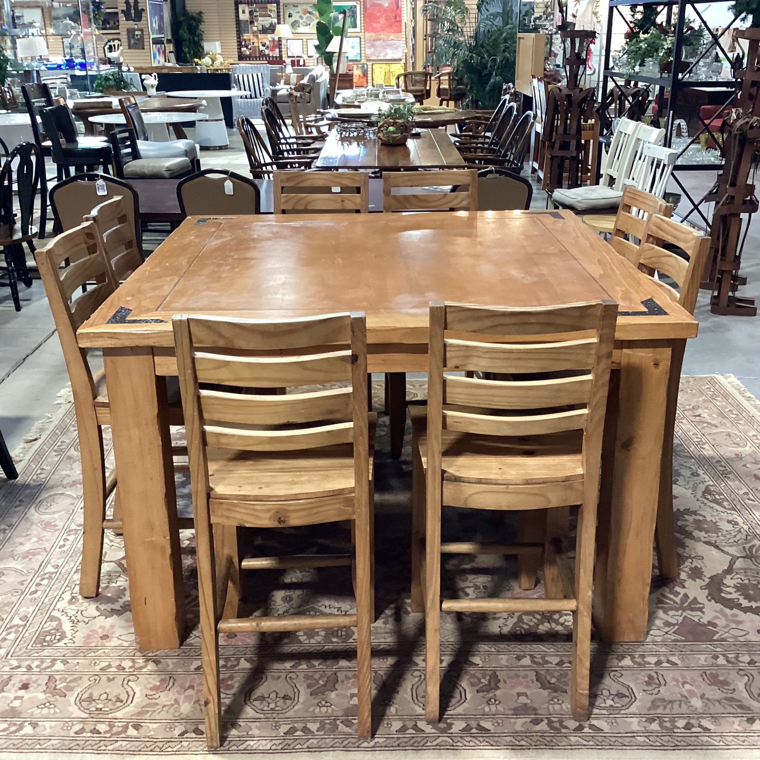 Solid Wood Iron Corner Detail Table with 8 Pine Barstools Dining Set 57"x 57"x 36"