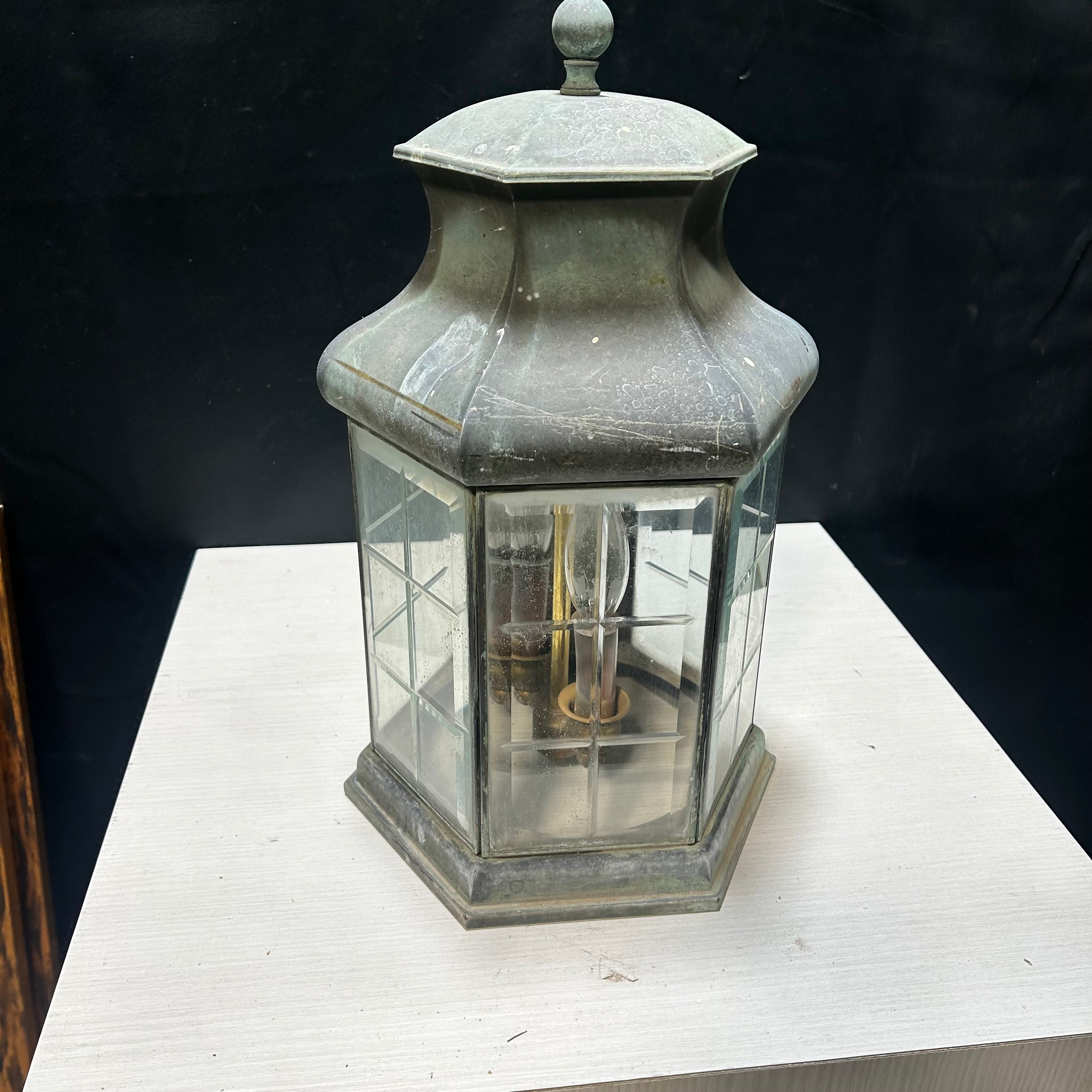 Vintage Copper 5 Panel Beveled Glass 2 Light Wall Sconce 9"x9"x16"