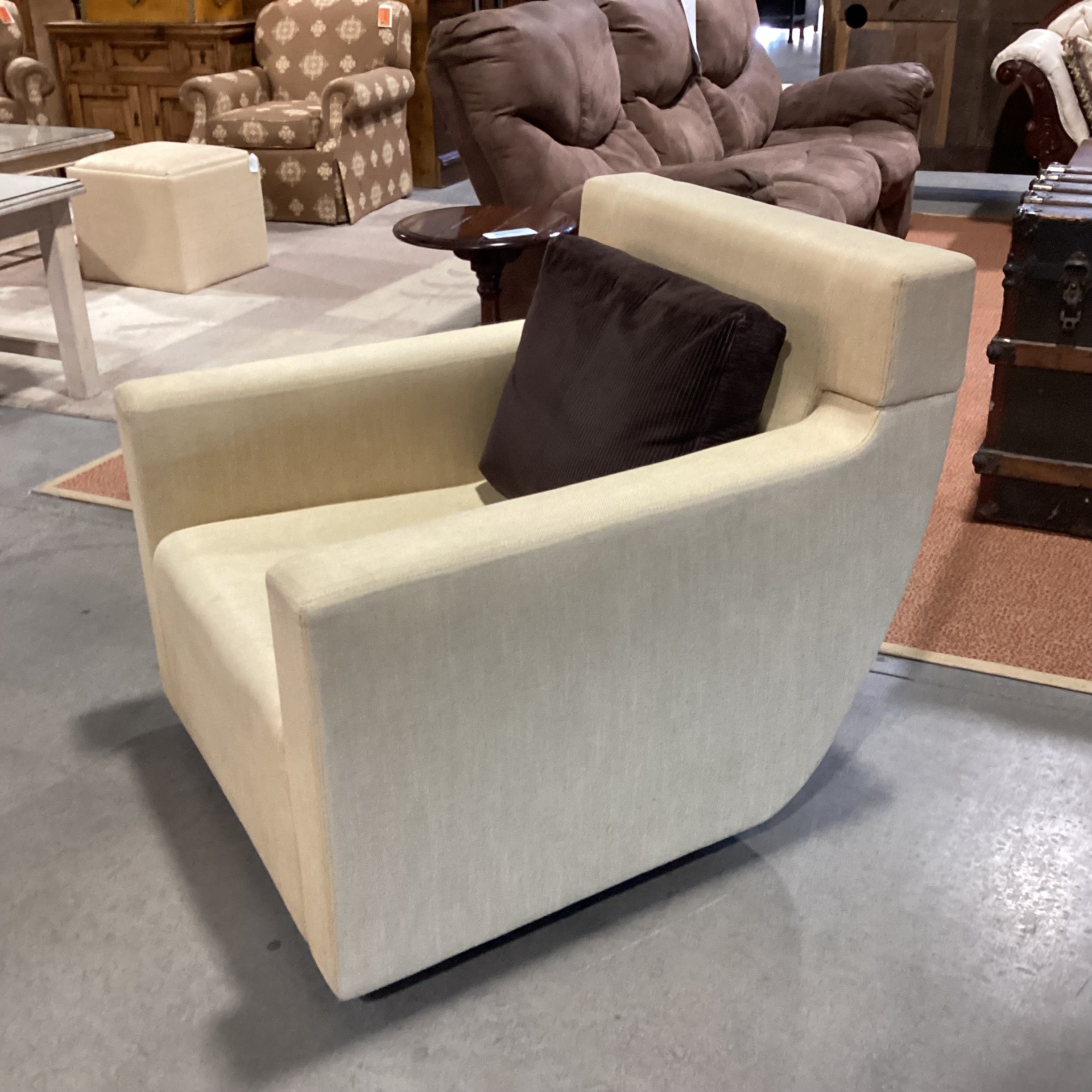Custom Gold Woven Slope Arm Curved Back Swivel Chair 35"x 38"x 33"