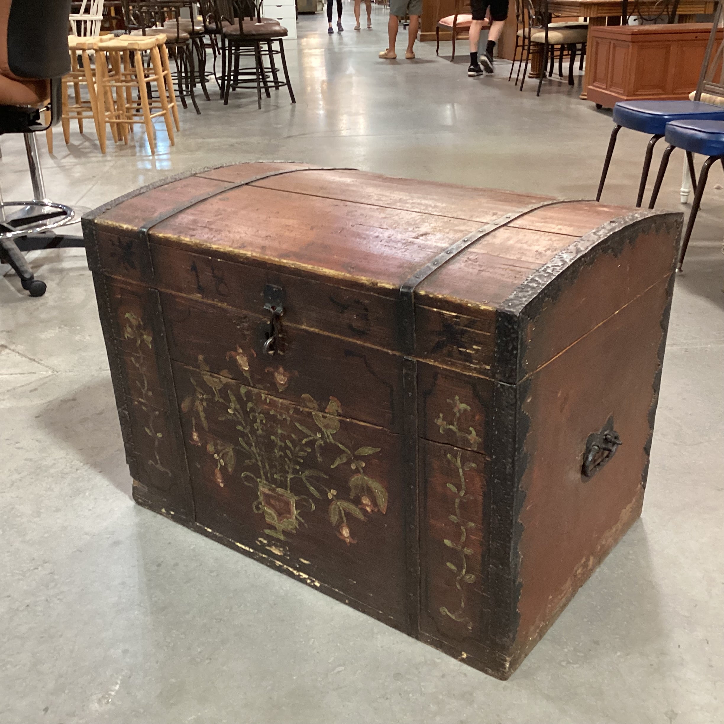 Antique 1873 Red with Floral Hand Painted Wood & Iron Trunk 34"x 24"x 25"