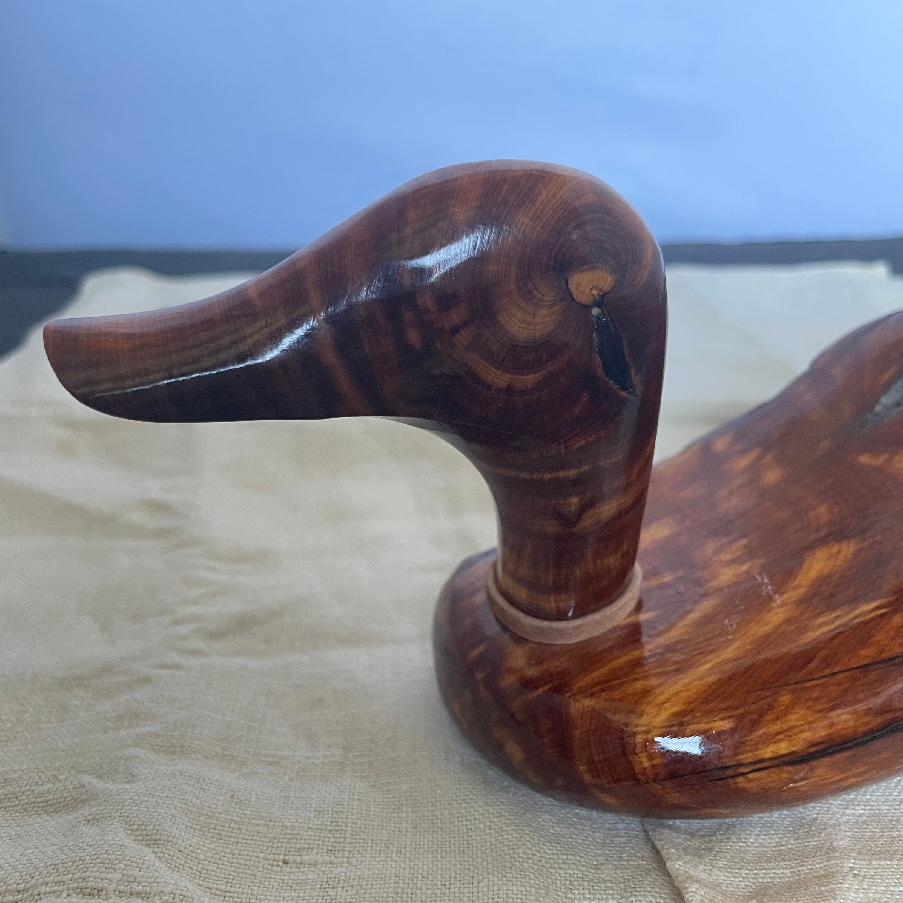 Tim Bergren Signed Carved Wood Fence Post Duck Sculpture, 10"x3.5"x 3.75"