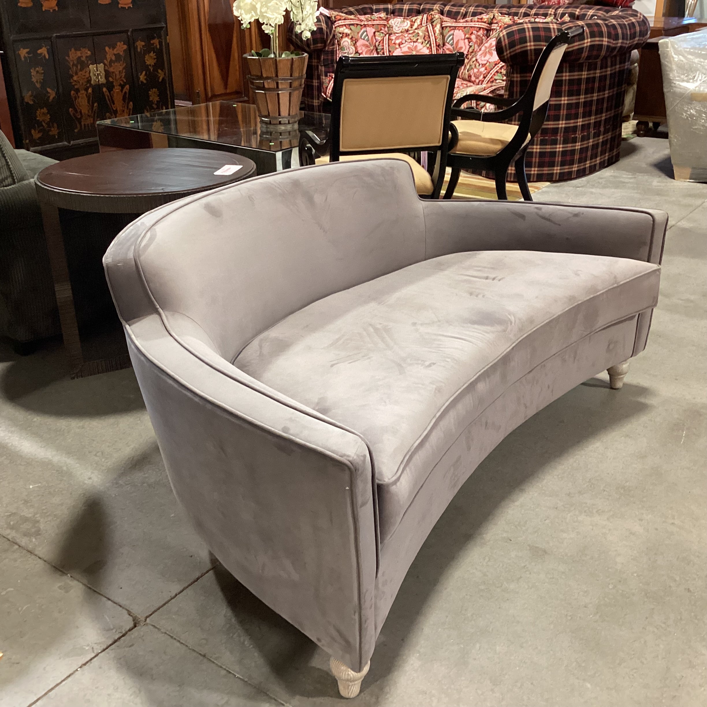 Grey Plush Velvet with French Washed Oak Feet Curved Sofa 70"x 41"x 29"