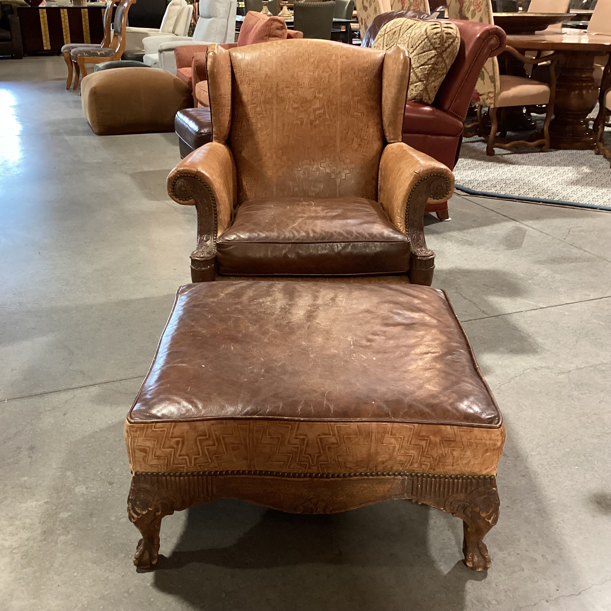Old Hickory Tannery 2 Tone & Embossed Leather Nailhead Ornate Carved Wood with Ottoman Chair 38"x 36"x 37.5"