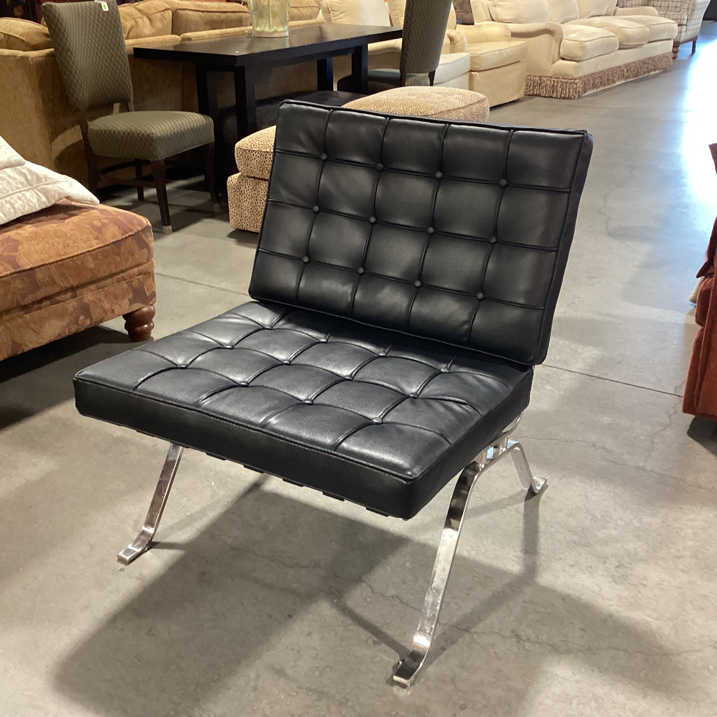 Barcelona Style Black Faux Leather Button Tufted & Chrome Lounge Chair 30"x 30"x 35"