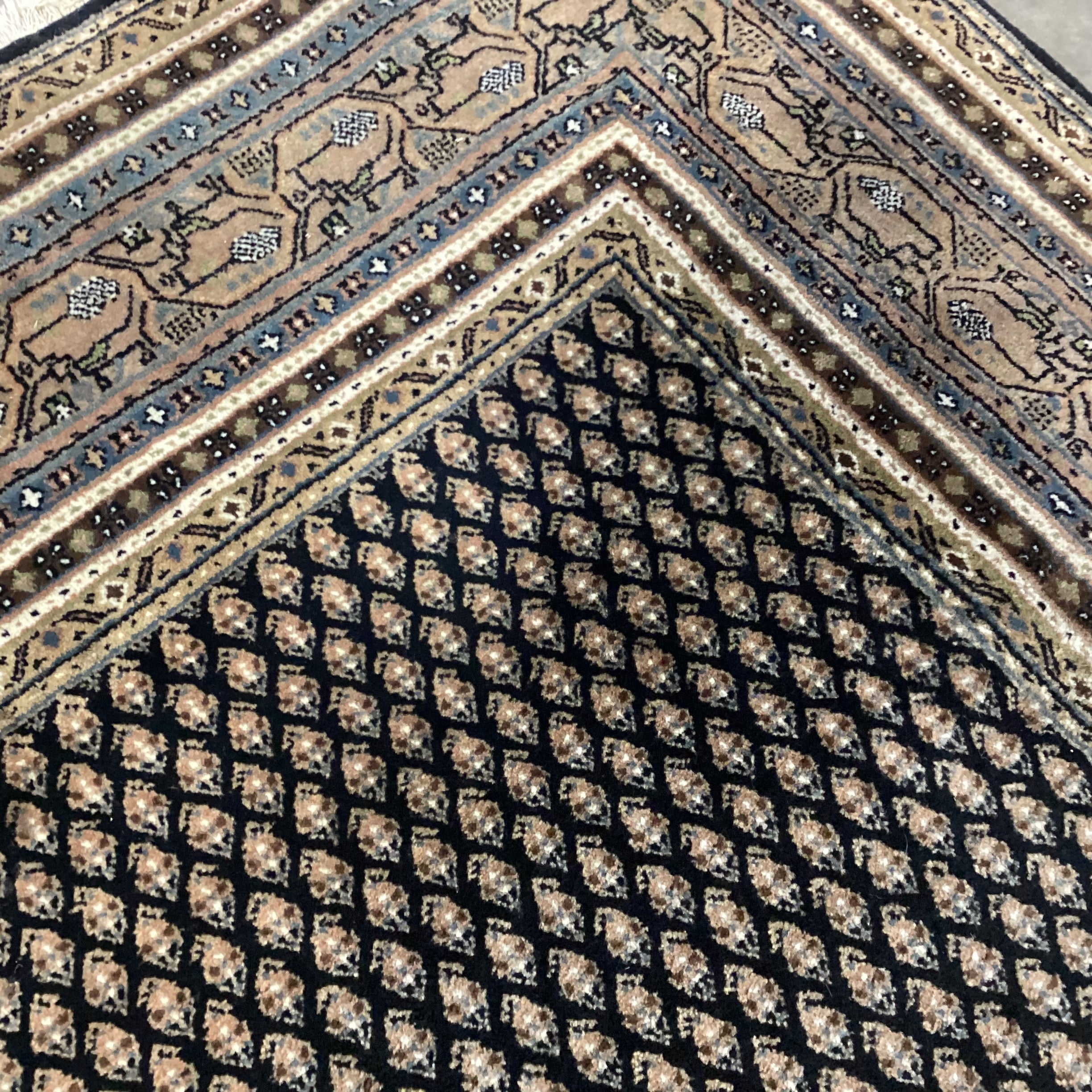 Cream Black Blue Taupe Olive Indo Mir Boteh Motif Hand Woven Wool Rug 6"x 9'4"
