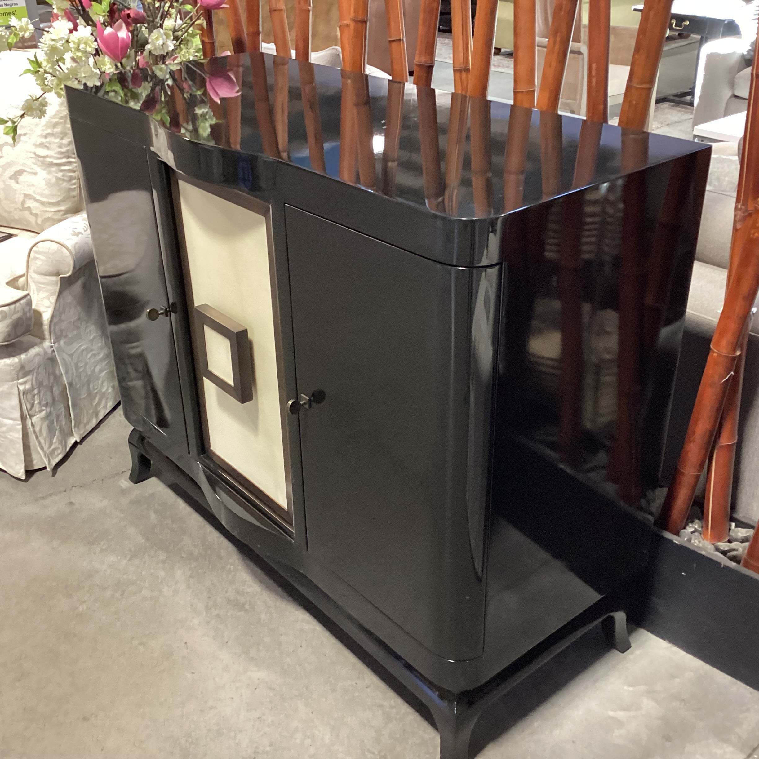 French Art Deco Style Black Lacquer 3 Door Buffet 48"x 22"x 40"