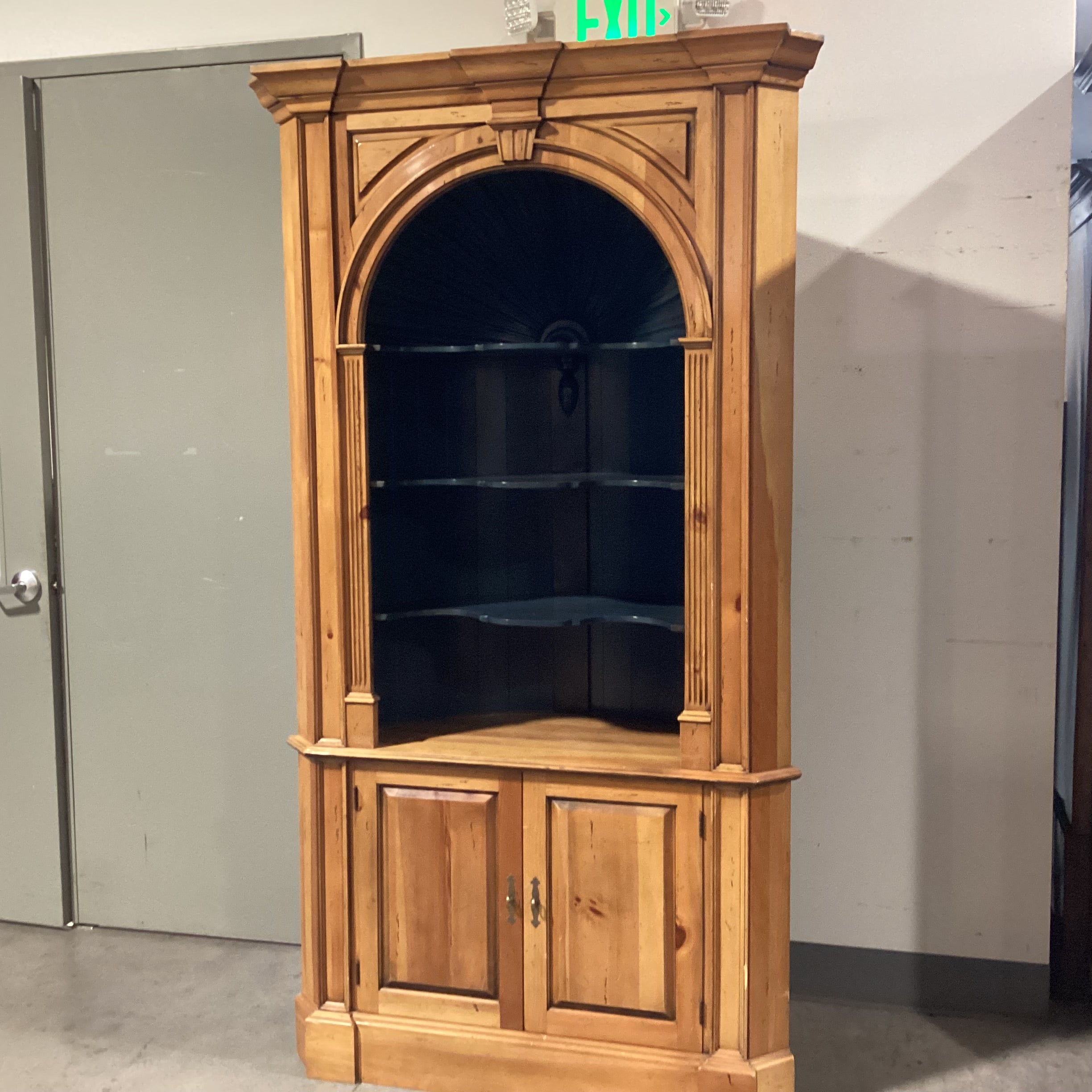 2 Tone Distressed Natural & Teal with Carved Arch Shelves 2 Door Corner Display Armoire 48"x 30"x 88"