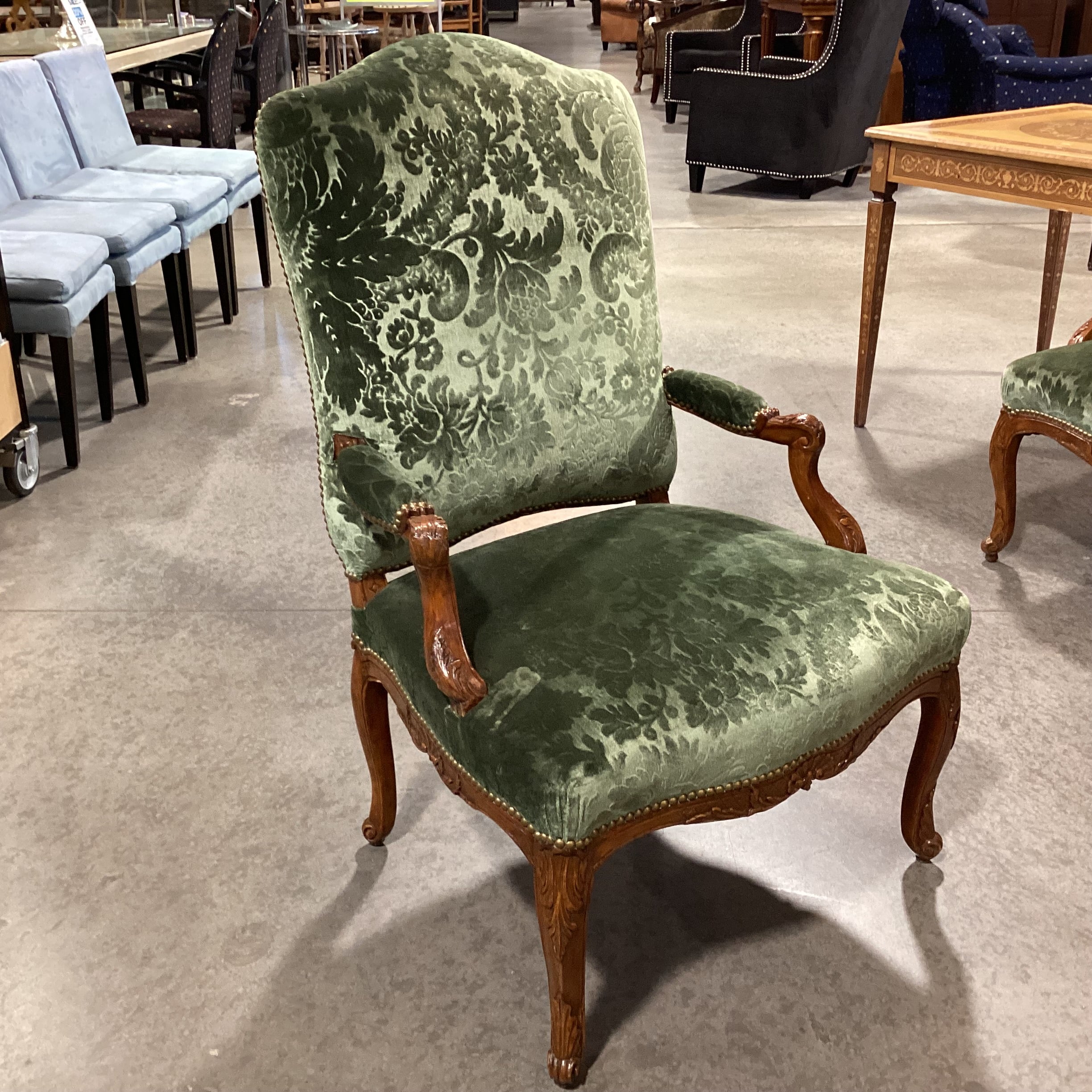 Vintage Carved Wood with Green Raised Floral Velvet & Nailhead Chair 28"x 28"x 42"