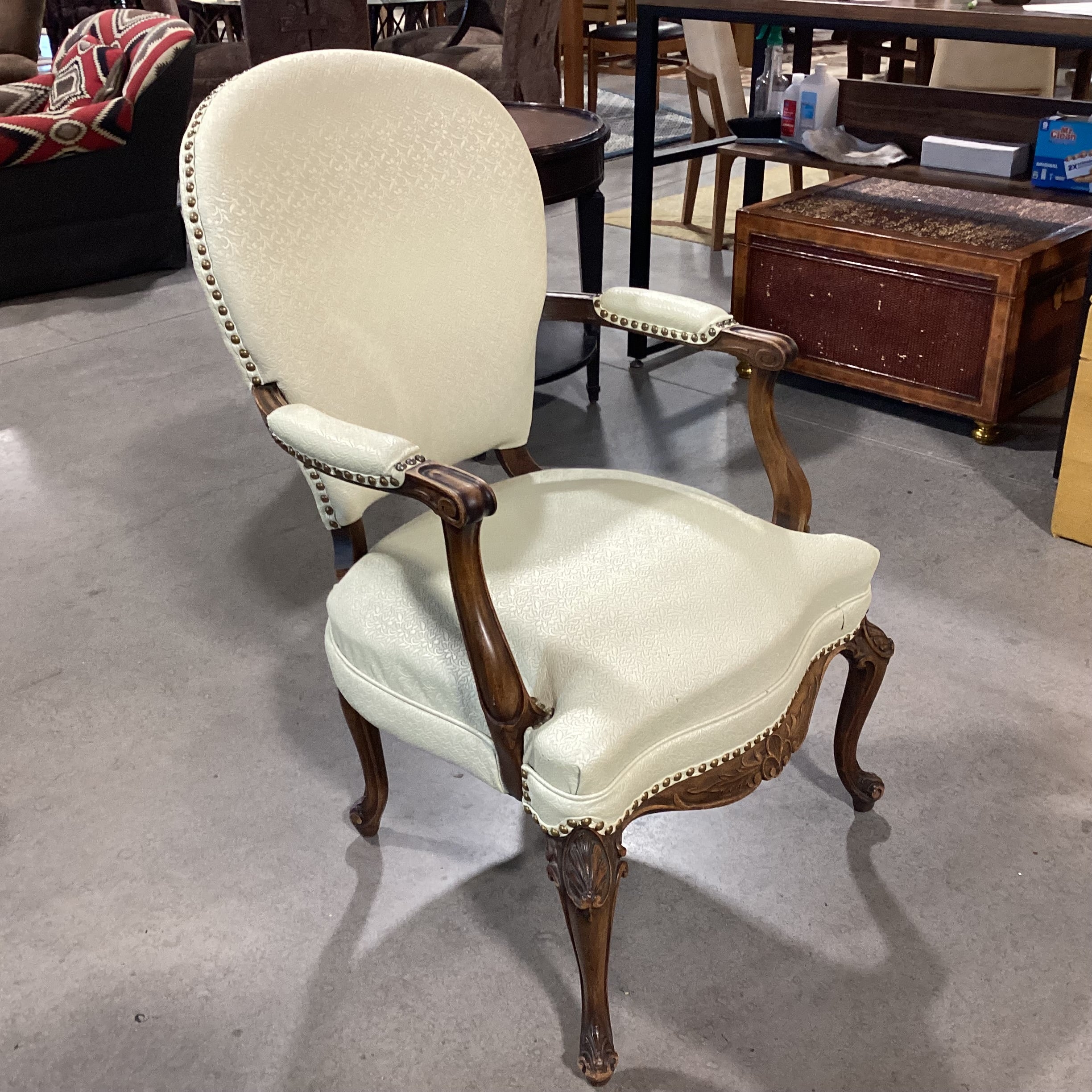 Vintage Carved Wood Cream Leather Like Embossed Vinyl Nailhead Chair 25.5"x 30"x 40"