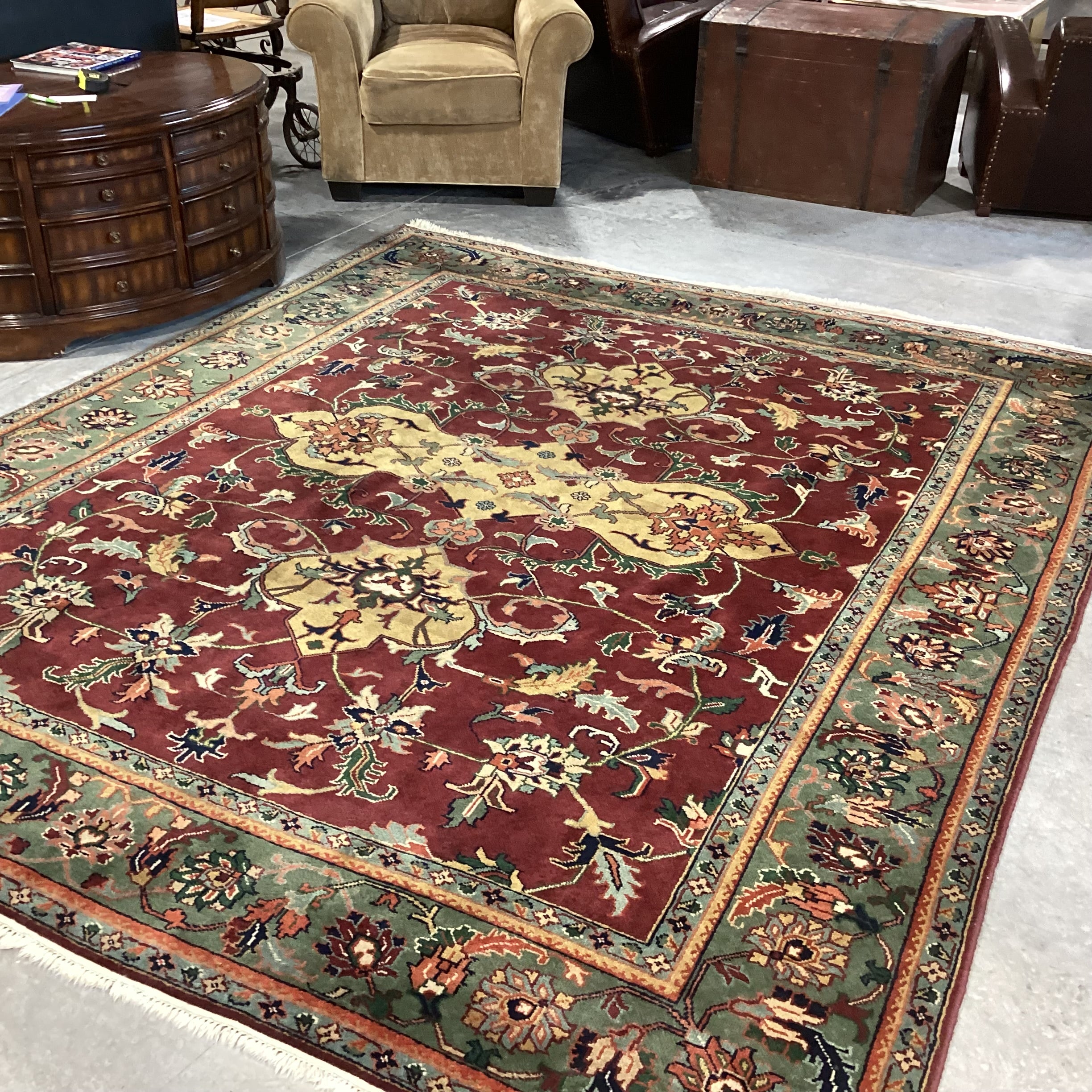 Vintage Burgundy Green & Gold Hand Woven Wool Rug 8'x 10'