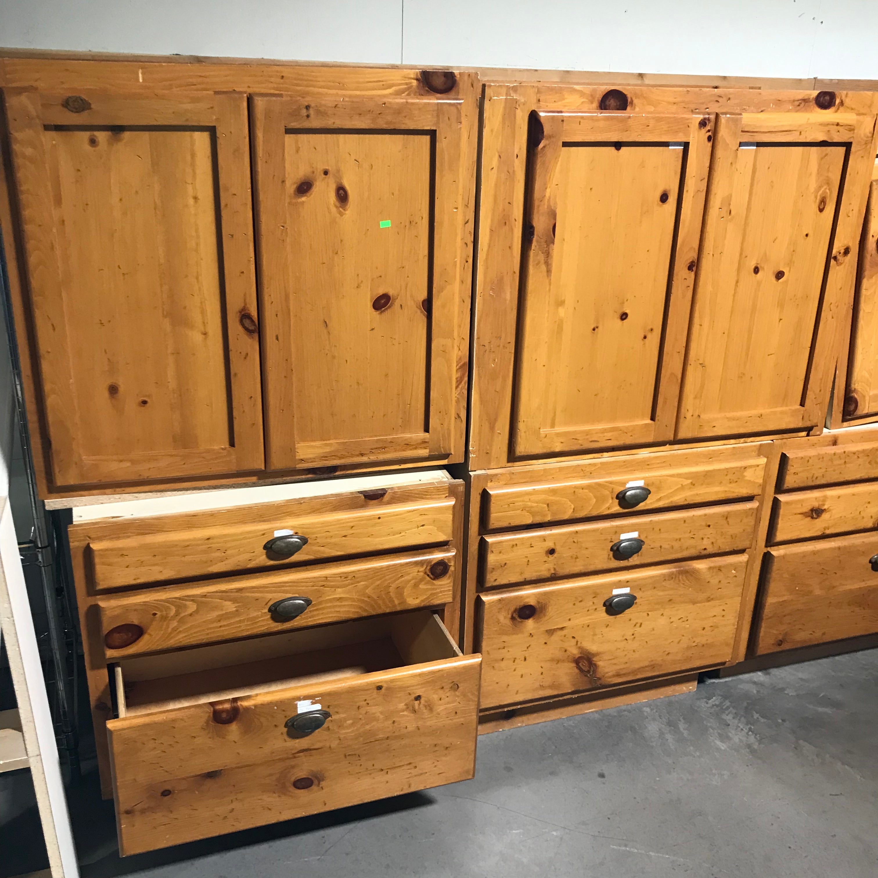 12 pc. Knotty Pine Stained Finish Vintage Hardware, 8 Uppers, 4 lowers, cabinet set