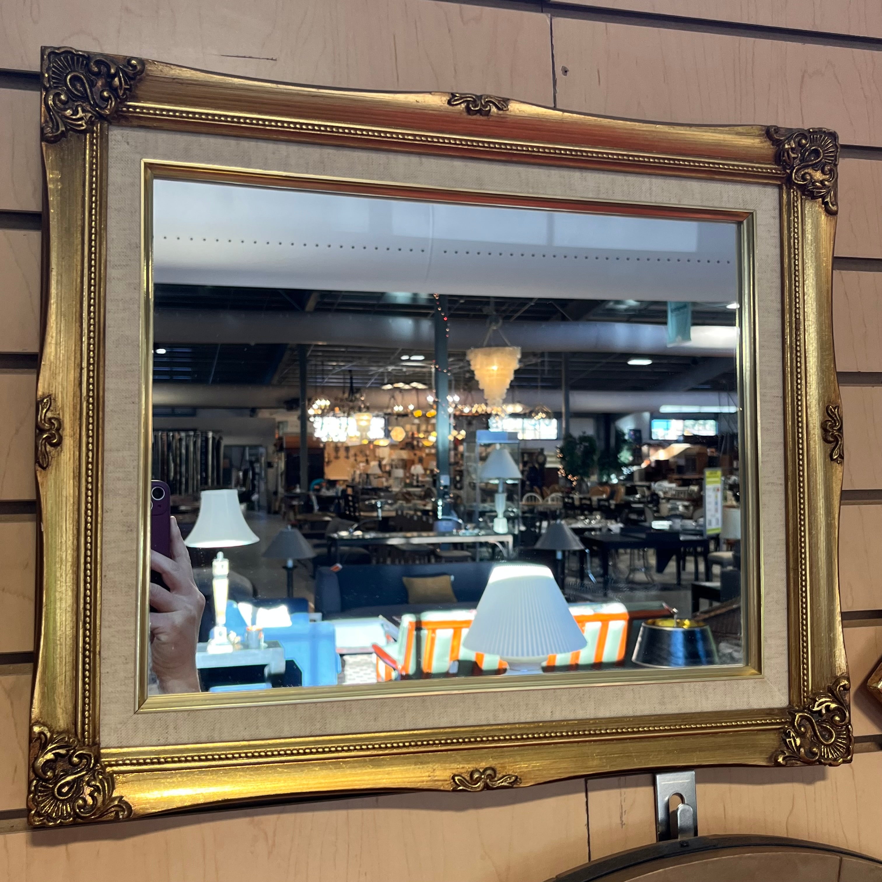 Gold Ornate Frame with Linen Trim Wall Mirror; 15"x 18"