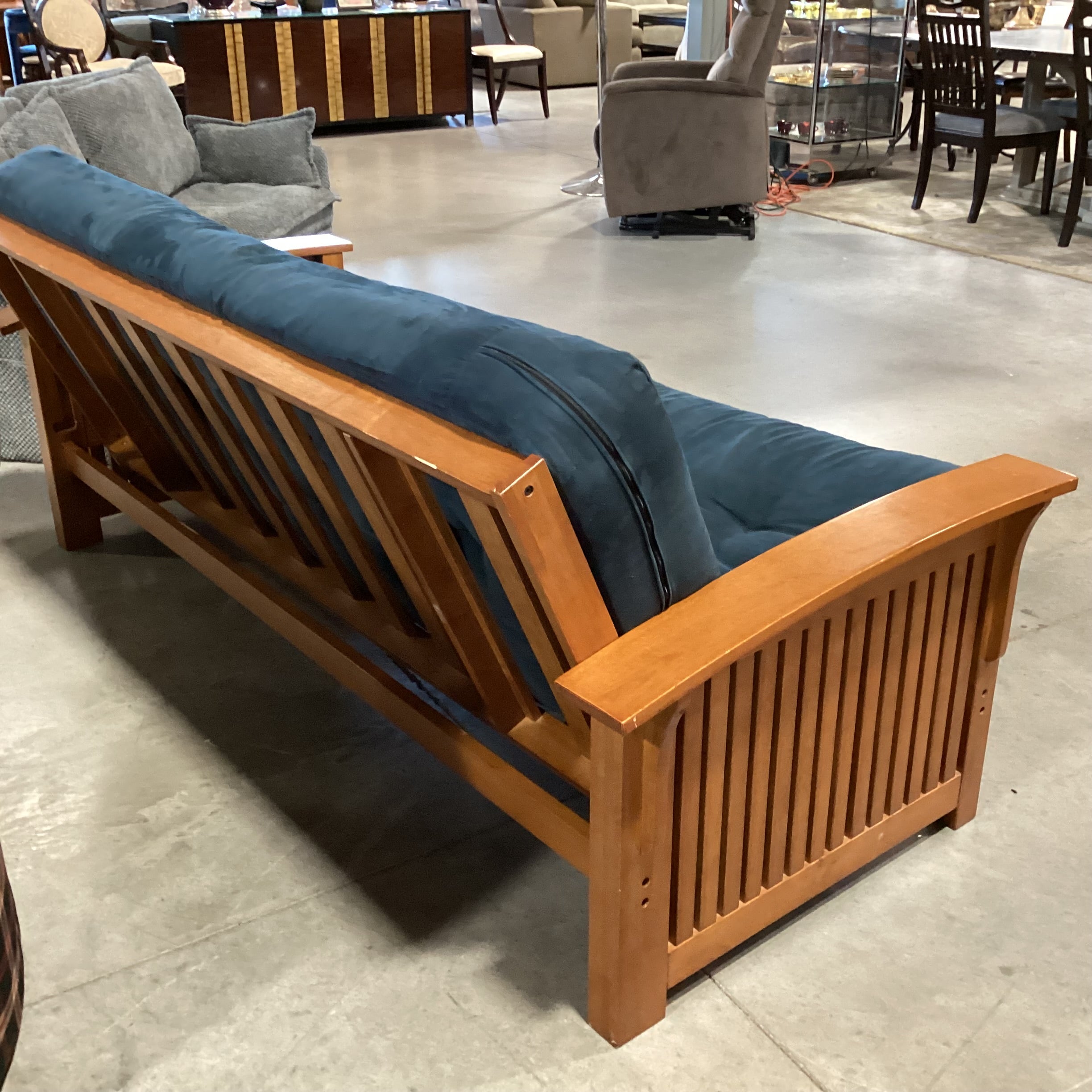 Wood Frame & Blue Micro Suede Cushion Futon Sofa 83"x 41" to 55"x 35"