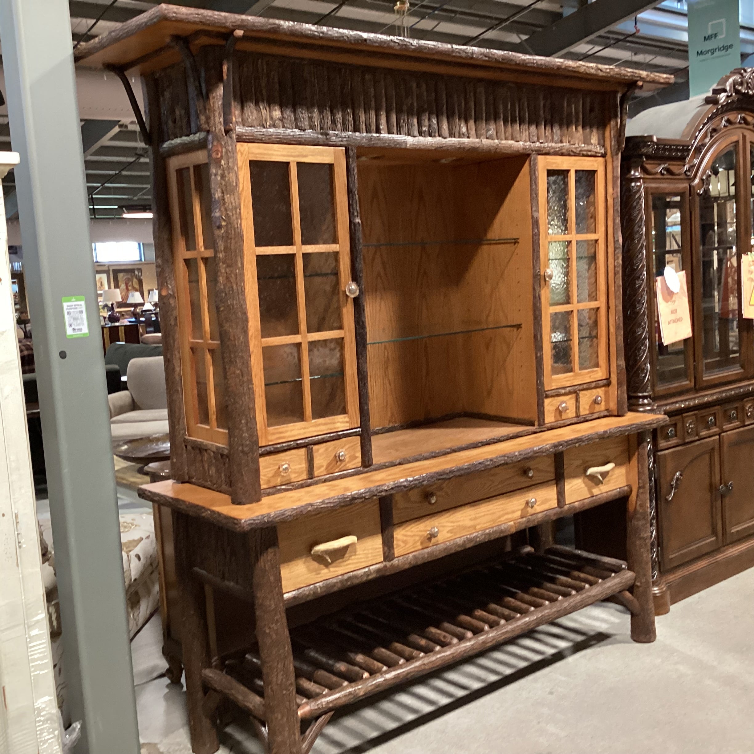 Old Hickory Lodge Craft Big Ranch Hickory Log Oak & Veneers Antler Style Pulls 2 Piece China Hutch 82"x 25.5"x 85"
