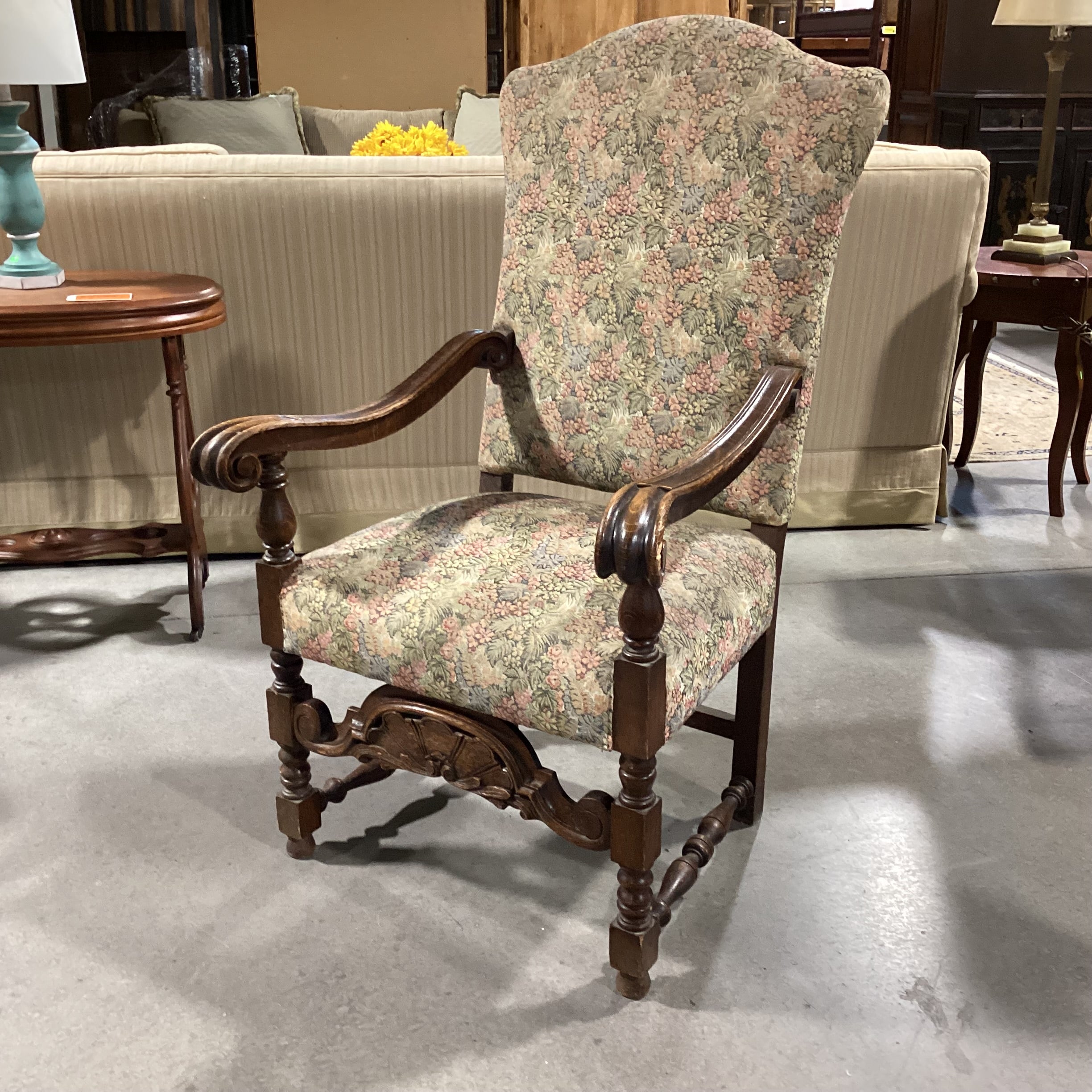Antique Ornate Carved Oak & Sage Pink Floral Upholstered Chair 30"x 28"x 49"