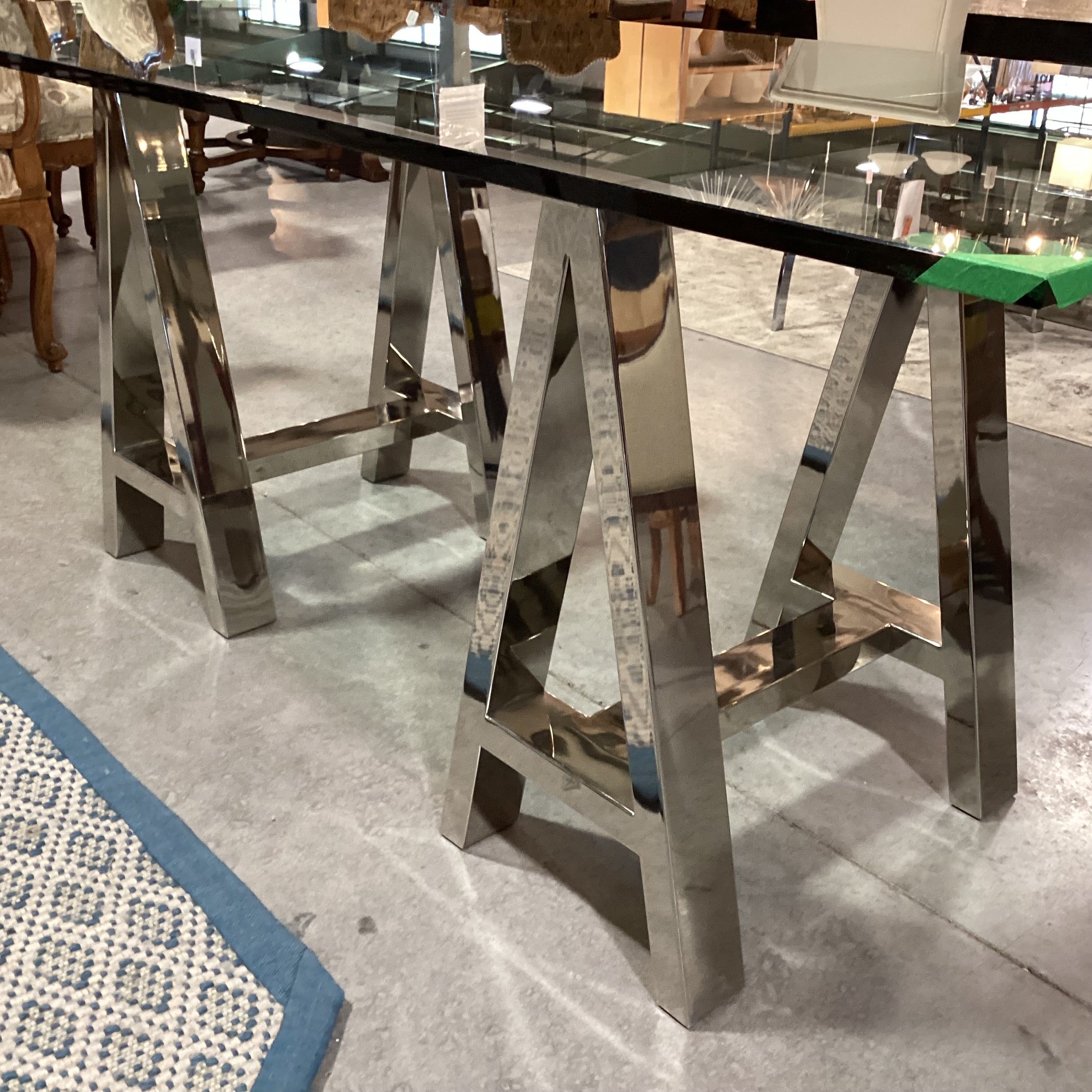 Chrome Sawhorse & Thick Glass Desk Dining Table 72"x 36"x 30.5"