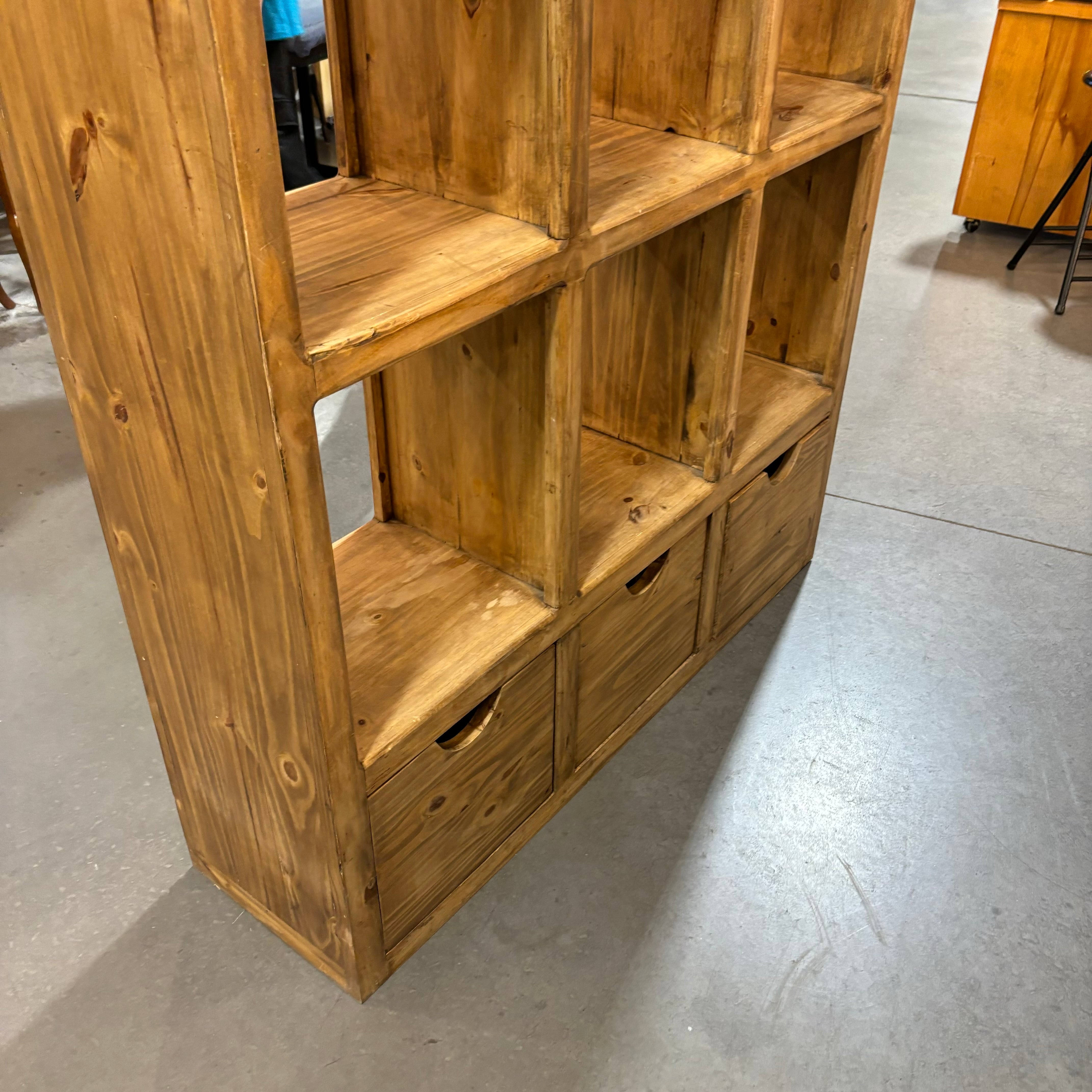 Natural Style Solid Pine 9 Cubby with 3 Drawers Bookcase 49"x 14"x 75"