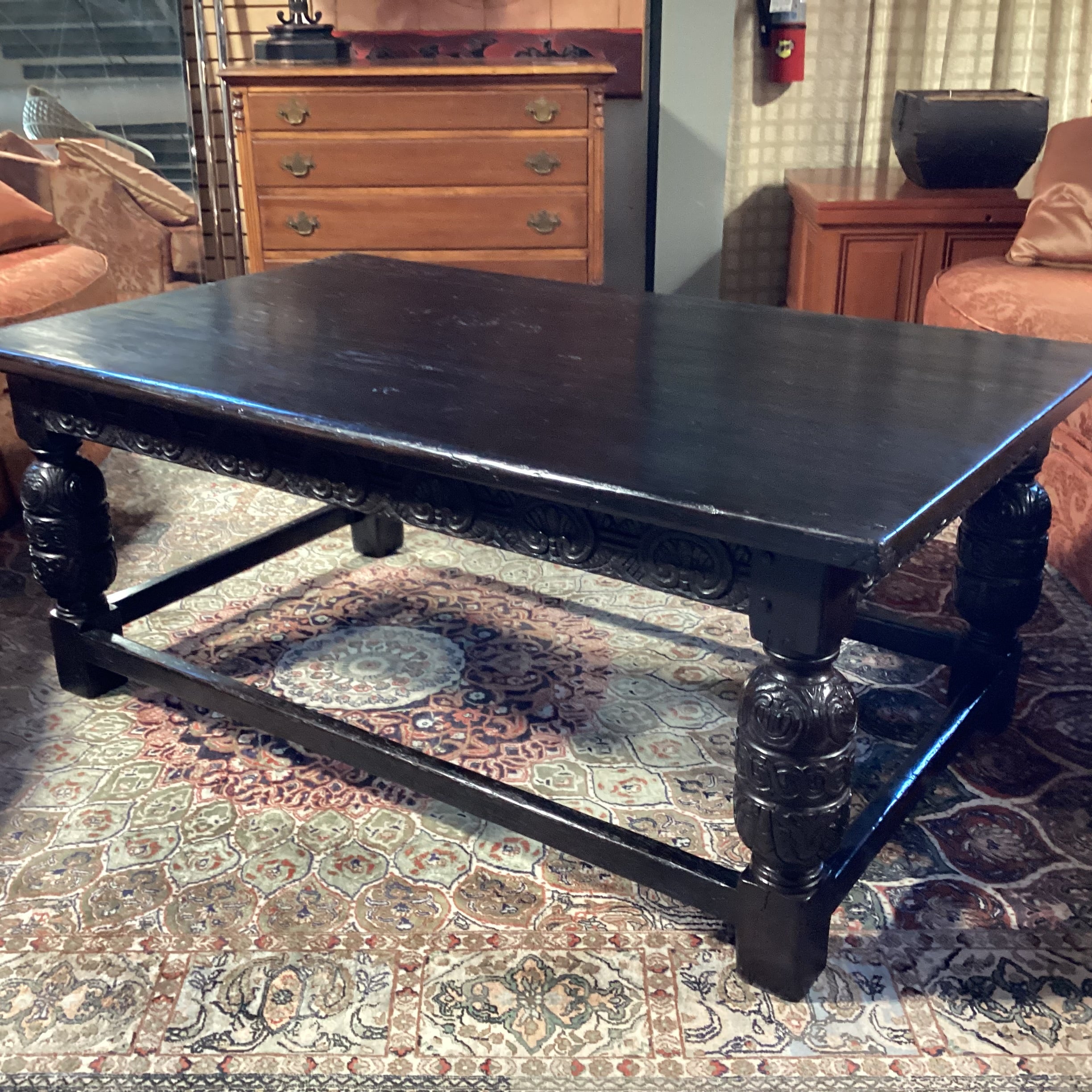 Antique Black Finish Ornate Carved Wood Coffee Table 60"x 36"x 24"