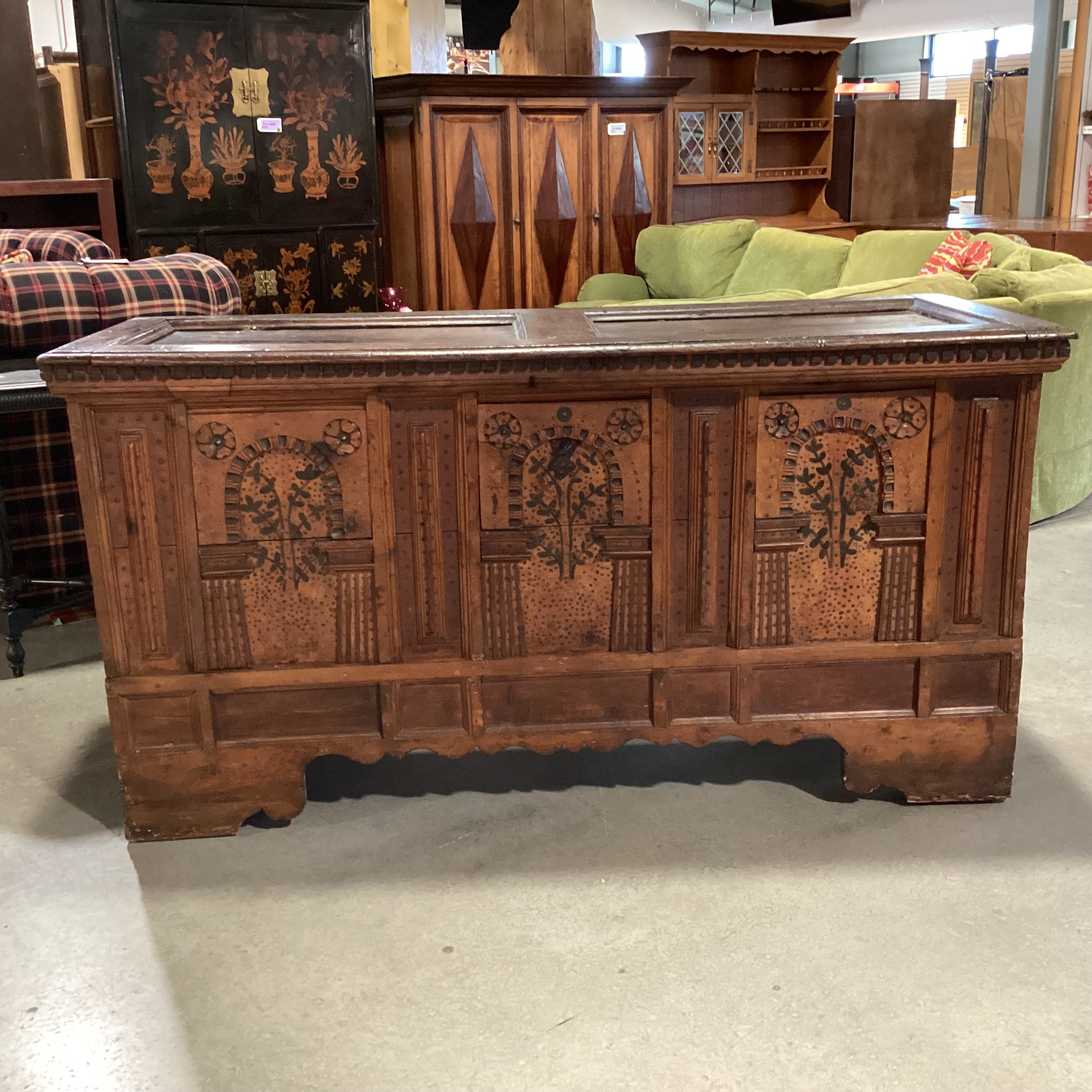 Antique 18th Century European Carved Wood Floral Panels Dental Detail Chest Trunk 70"x 27"x 36.5"