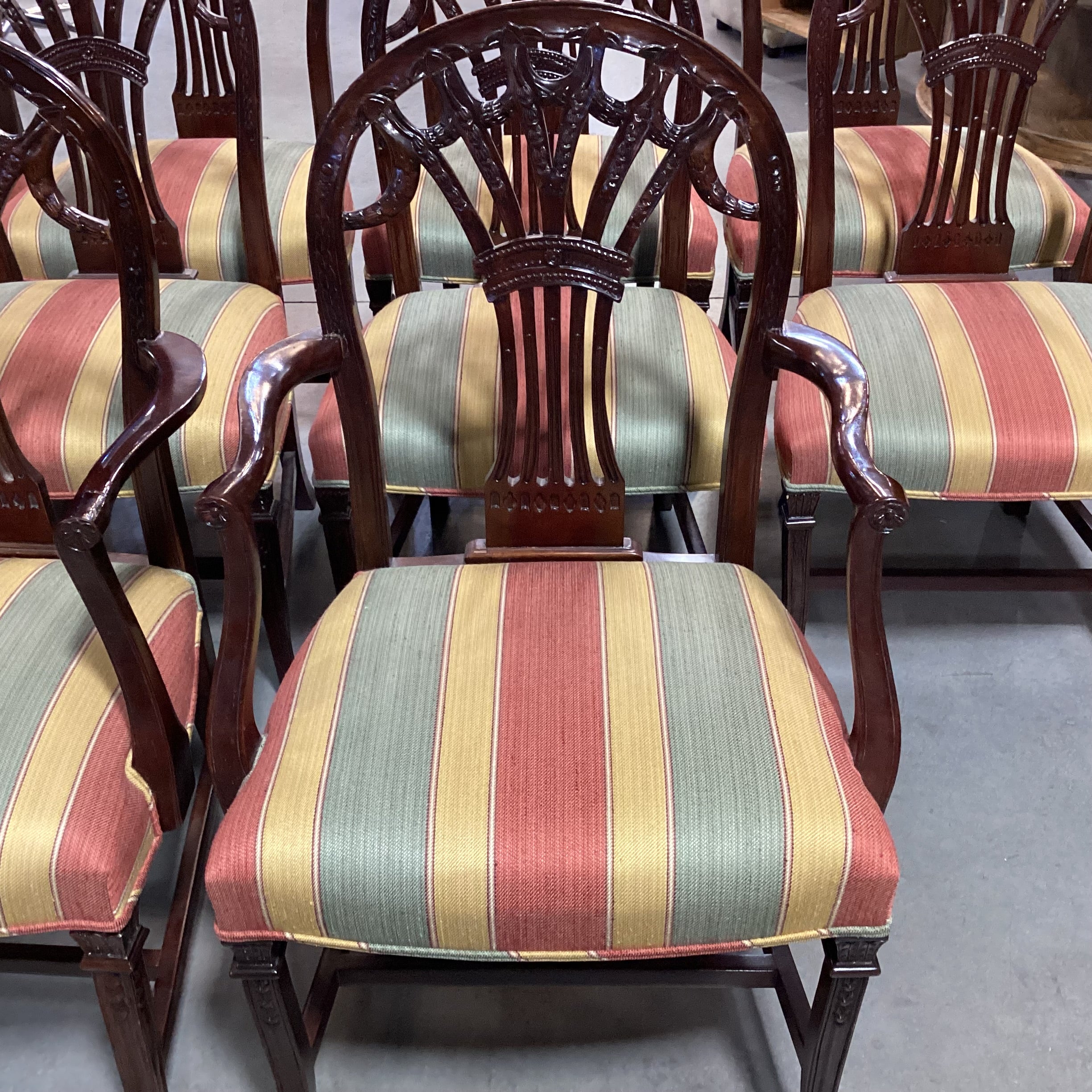 SET of 10 Ornate Carved Finished Wood & Gold Burnt Orange Sage Woven Stripe Dining Chairs 22"x 22"x 39"