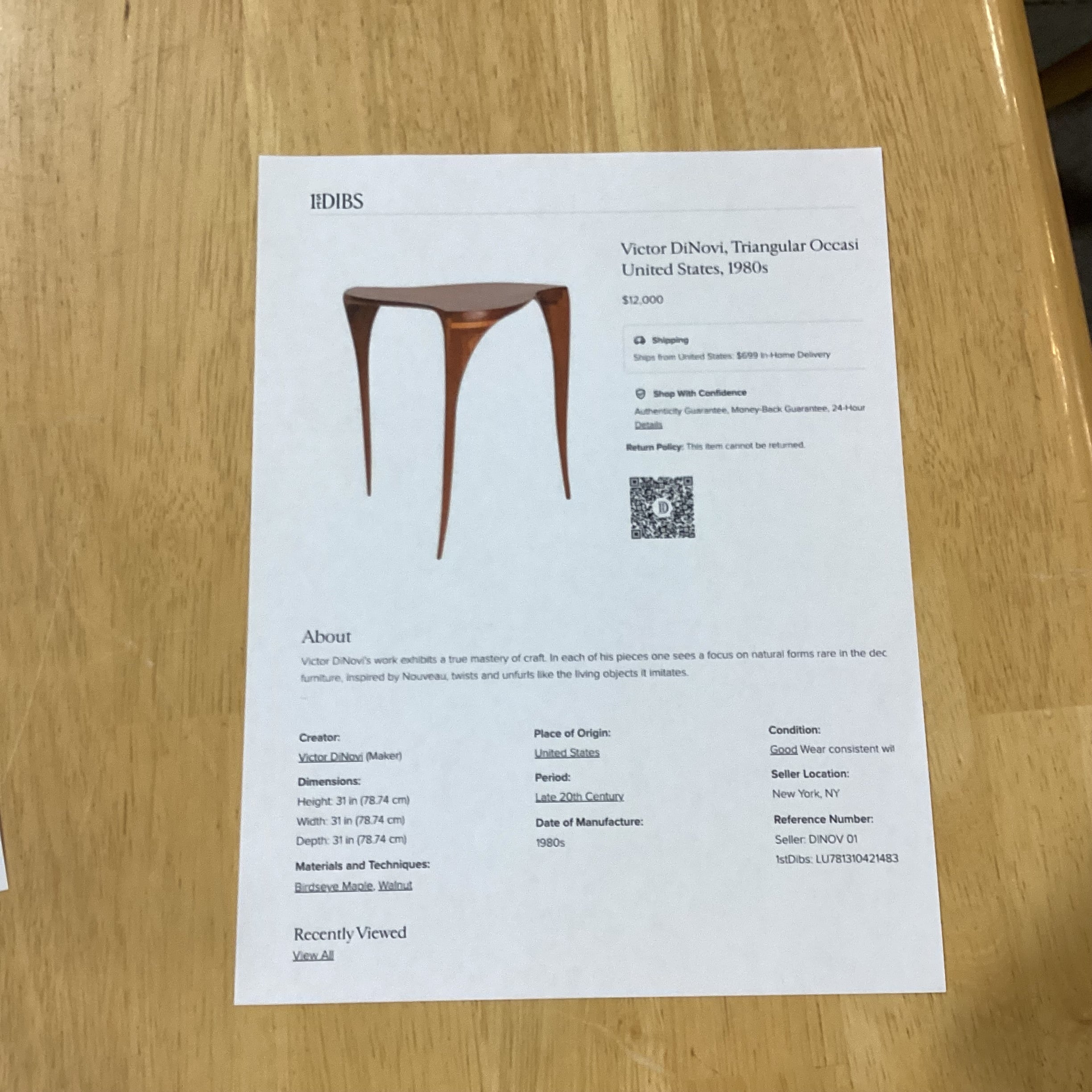 Victor Dinovi 1999 Walnut Triangular Accent Table 24"x 24"x 40"