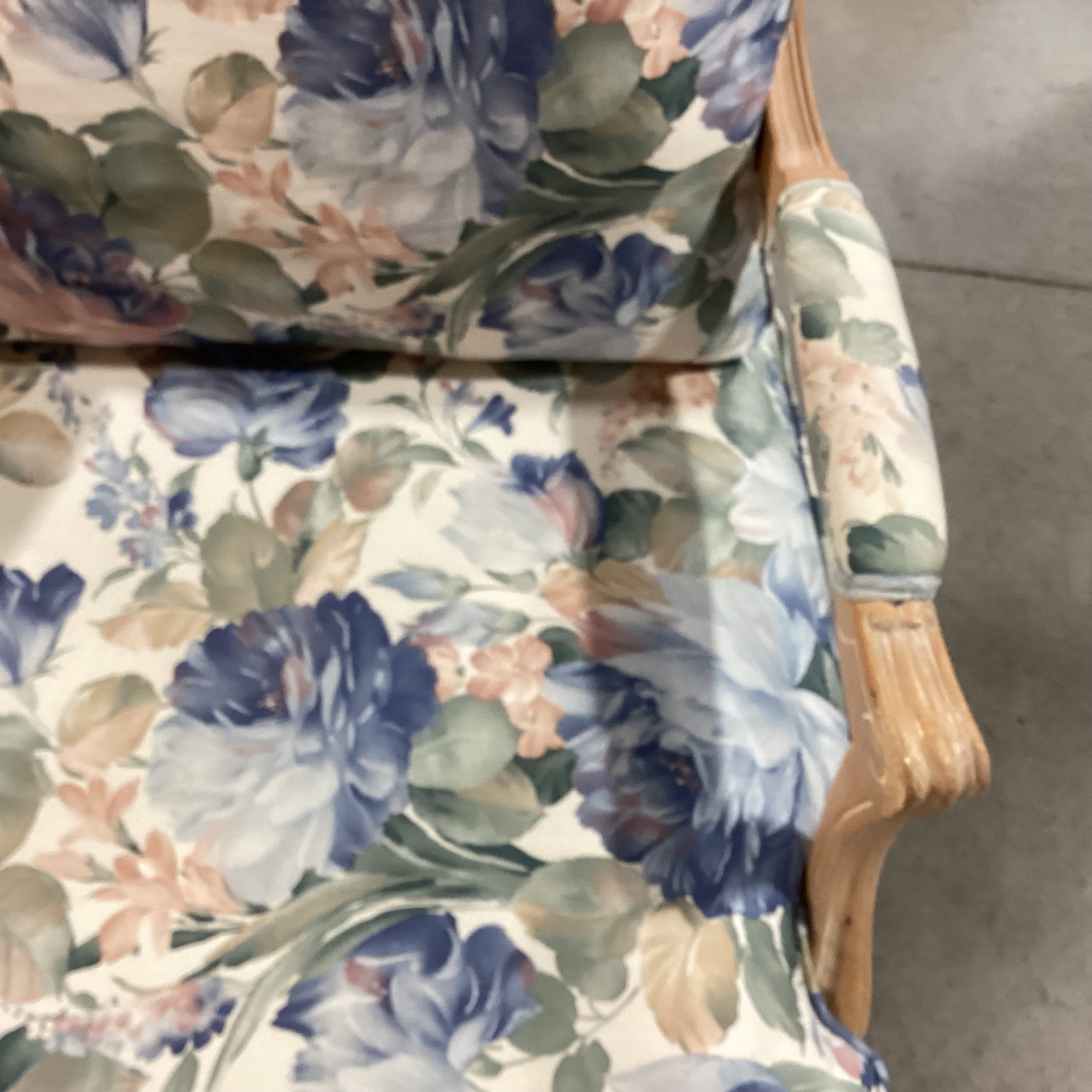 White Washed Carved Wood & Blue Floral Chair 30"x 32'x 35"