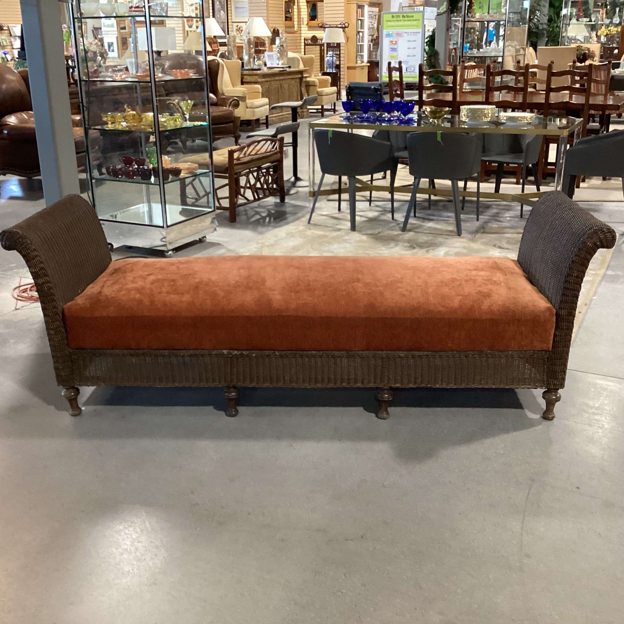 Vintage Antique Wicker & Rust Chenille Woven Bench 90"x 30"x 30"