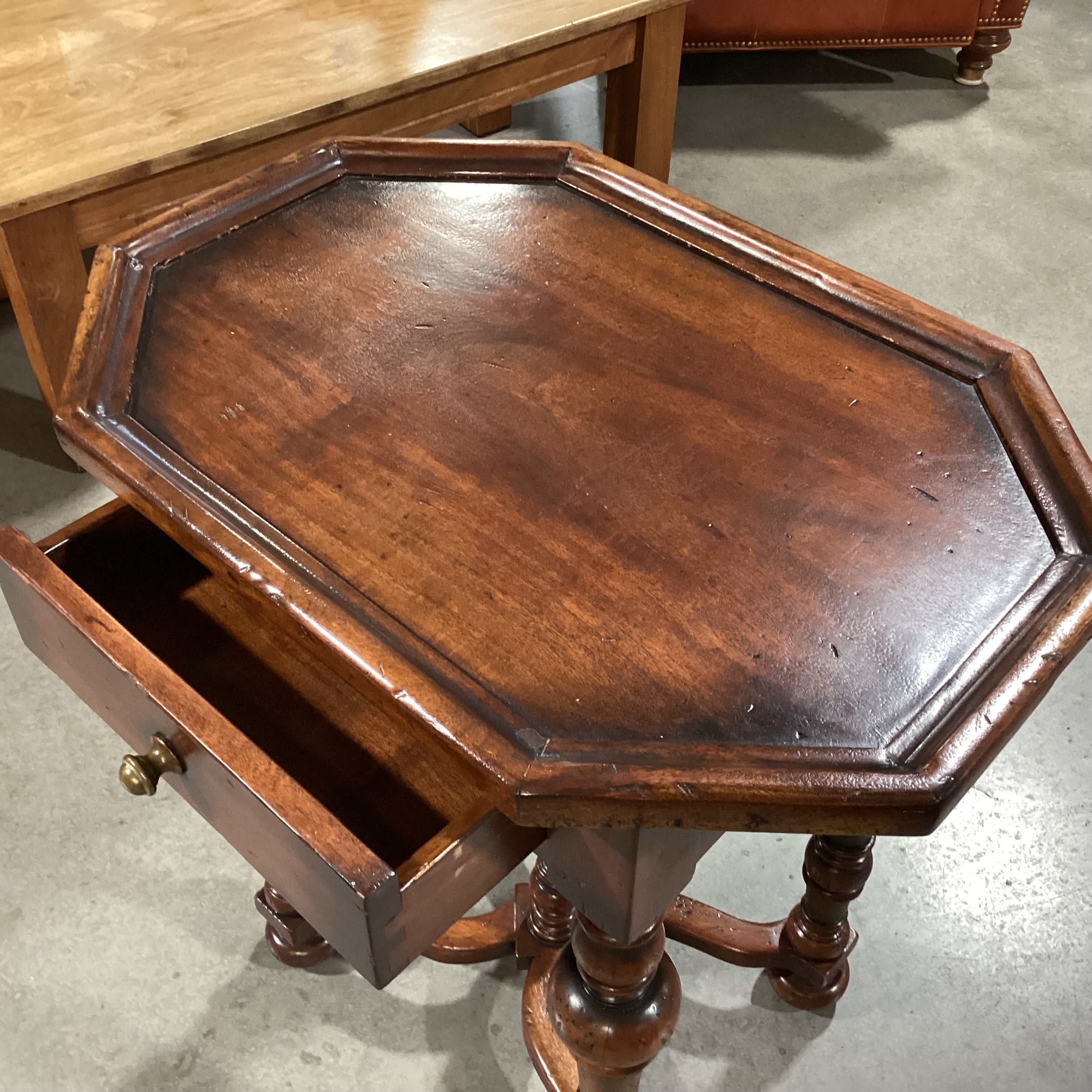 Ornate Carved Distressed Solid Wood 1 Drawer with Based Trestle Detail End Table 26"x 18"x 28.5"