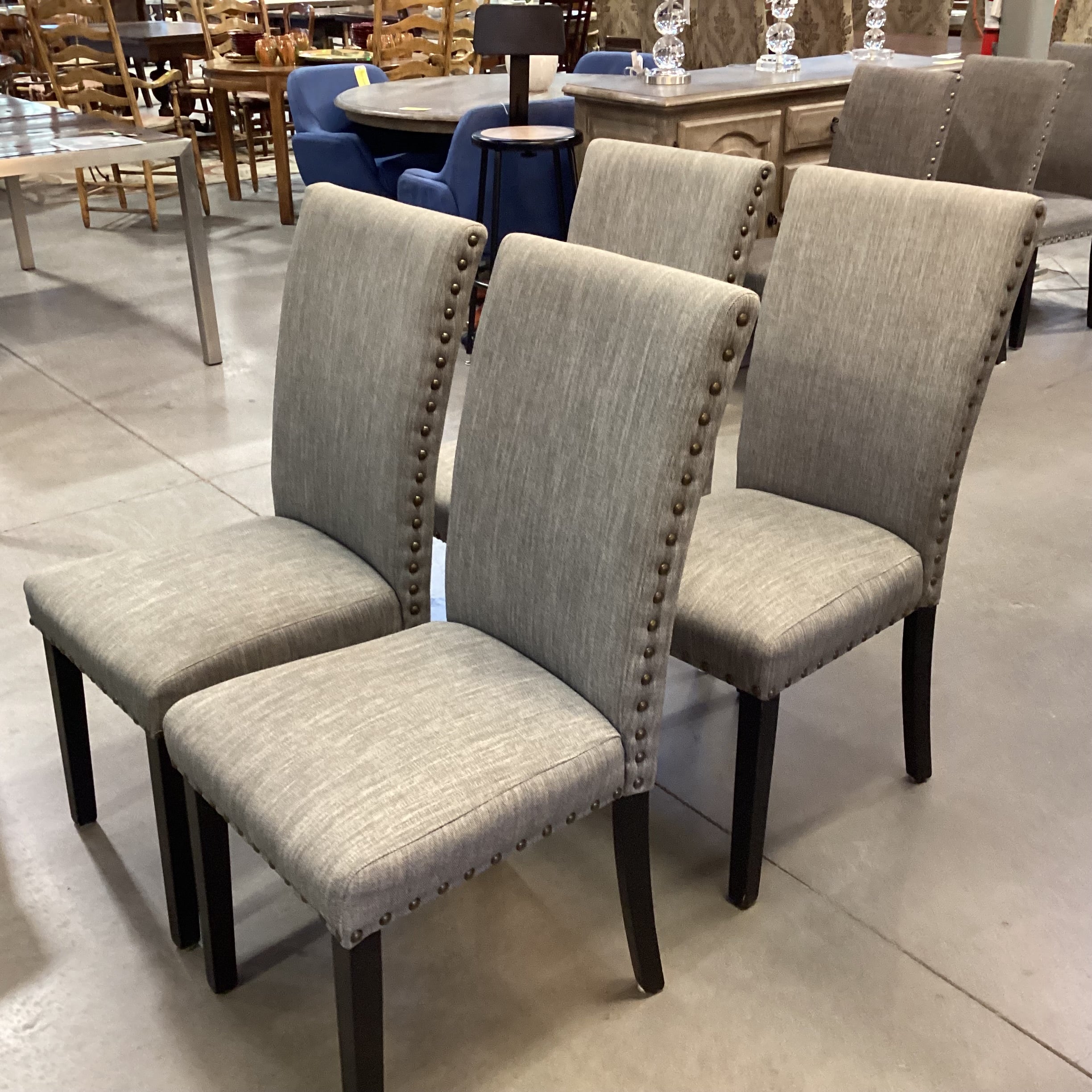SET of 4 Grey Woven Nailhead with Black Wood Legs Dining Chairs 19"x 24"x 38"