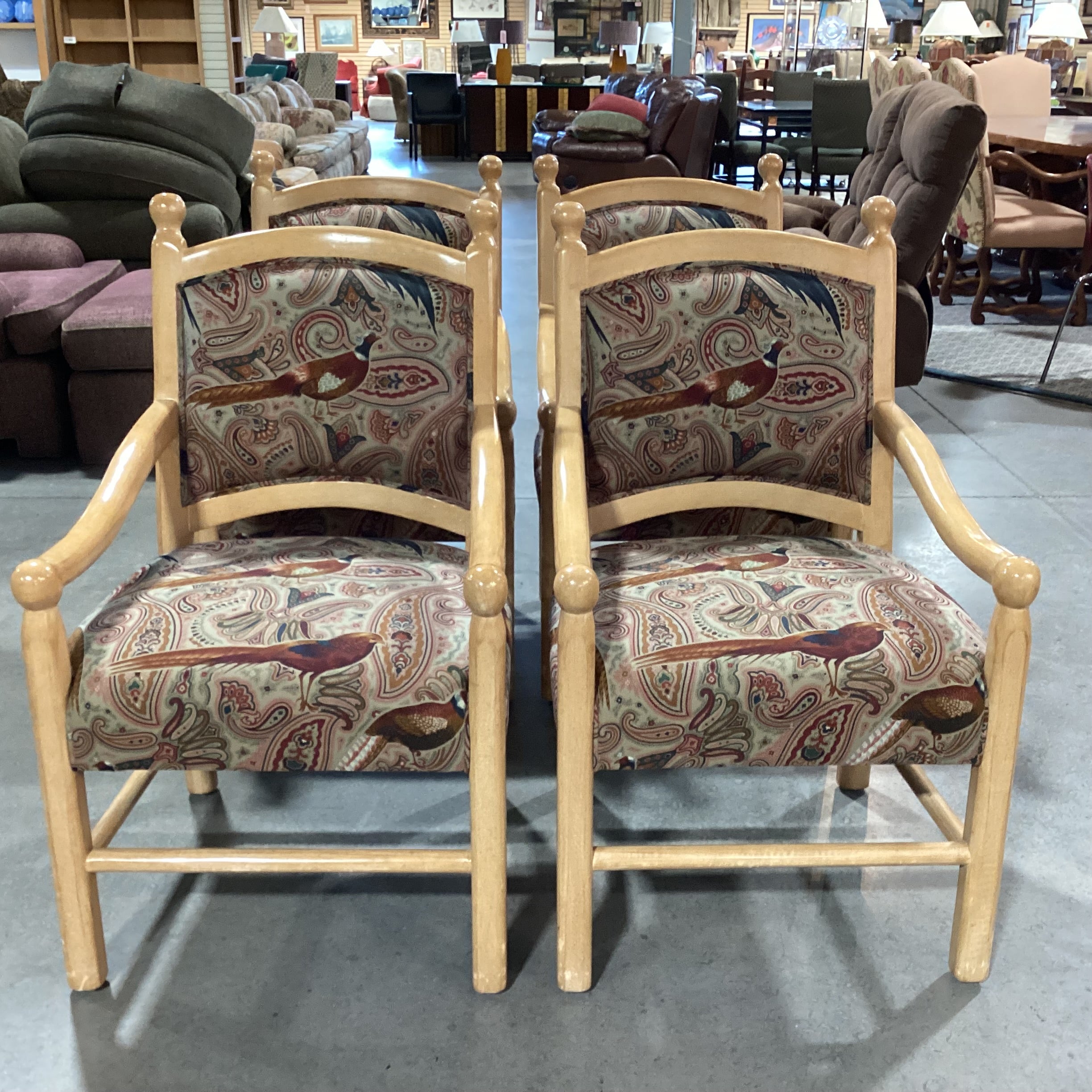 SET of 4 Beverly Interiors Custom Carved Wood & Rust Teal Pheasant Upholstered Armed Dining Chairs 24"x 25"x 39"