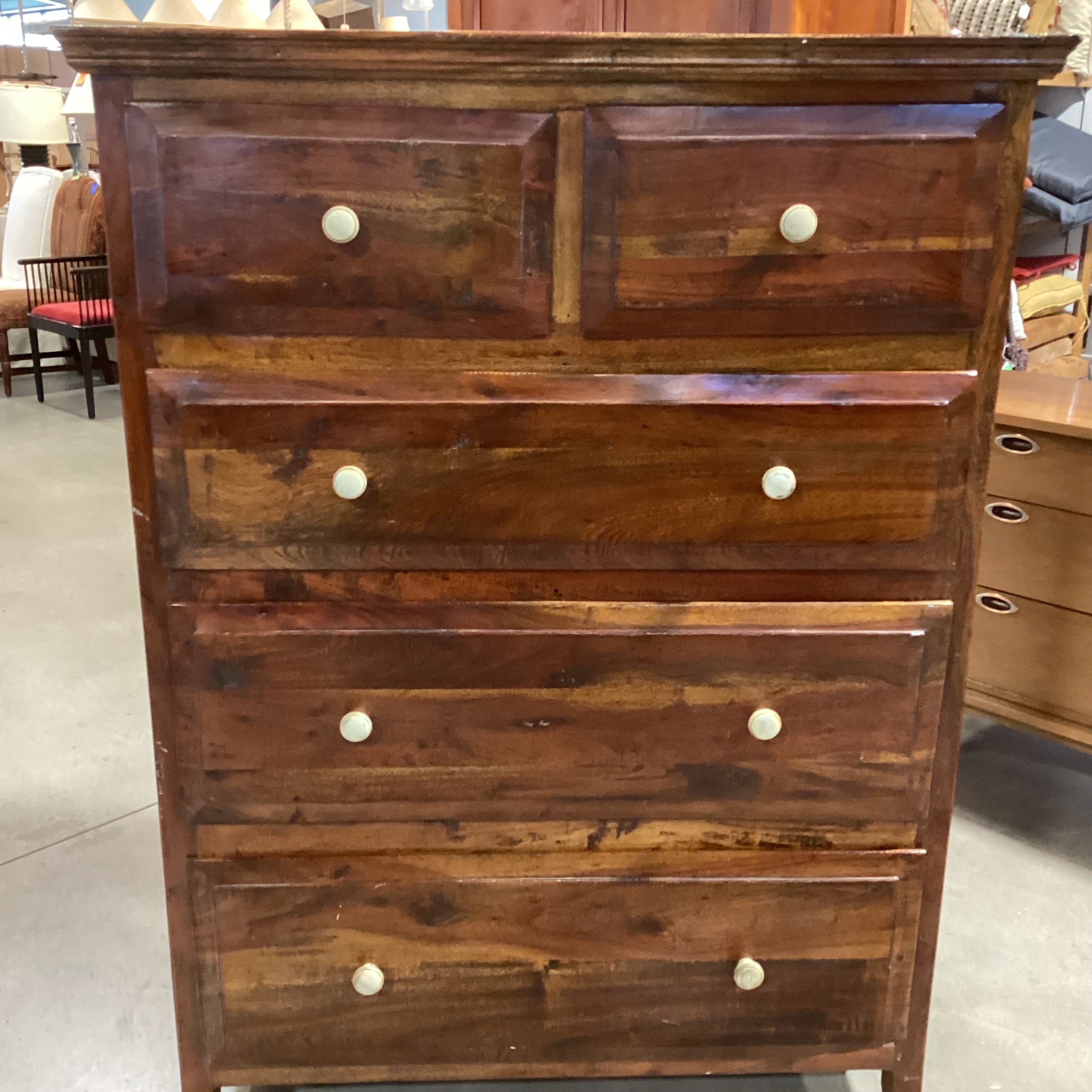 Solid Distressed Red Tone Finished Wood 5 Drawer Chest 39.5"x 21.5"x 54.5"