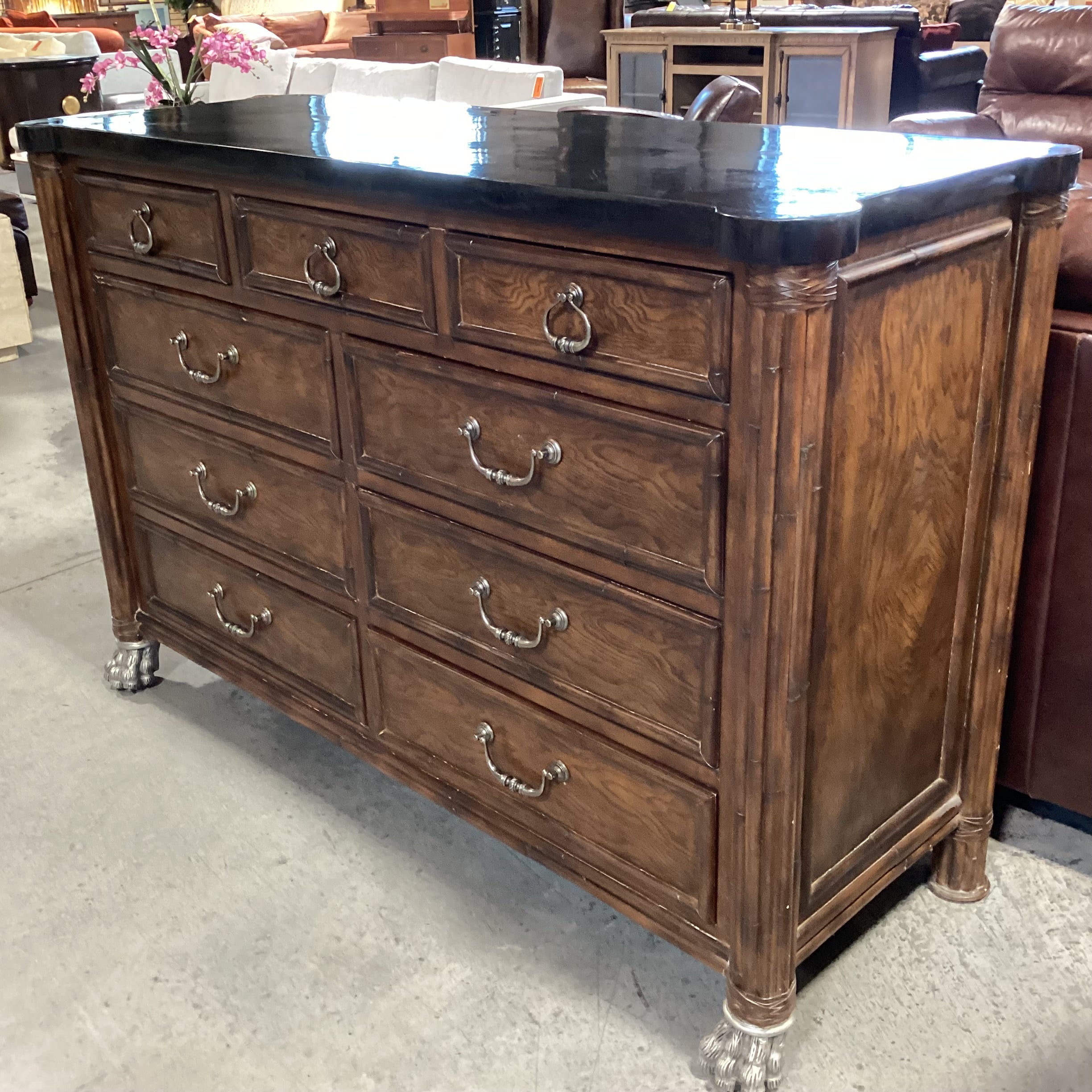 Thomasville Ernest Hemingway Collection Dark Finished Wood Black Faux Stone & Clawfoot Feet 9 Drawer Dresser 60"x 22"x 40"