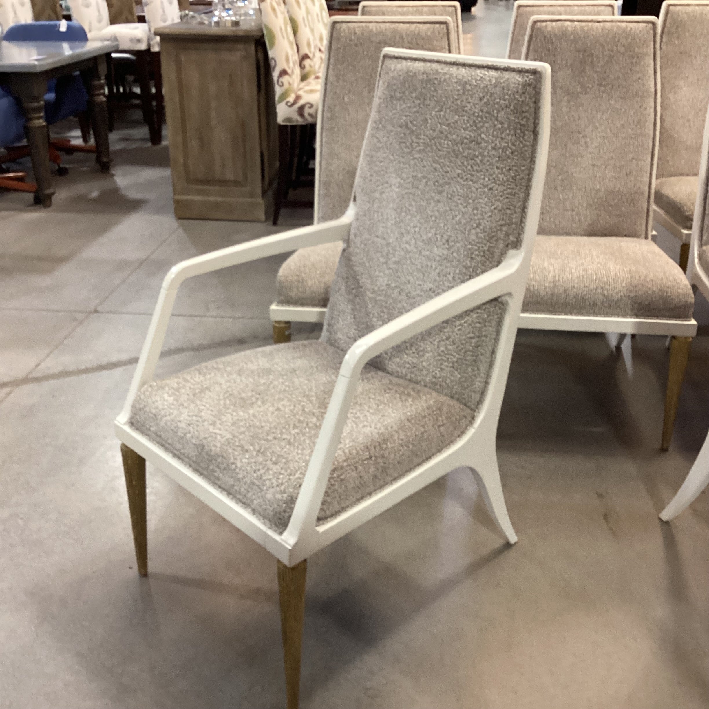 SET of 8 Jean Louis Denoit for Baker Taupe Cream Black Raised Chenille Woven & Cream Gold Wood Jasper Dining Chairs 23"x 28"x 42"