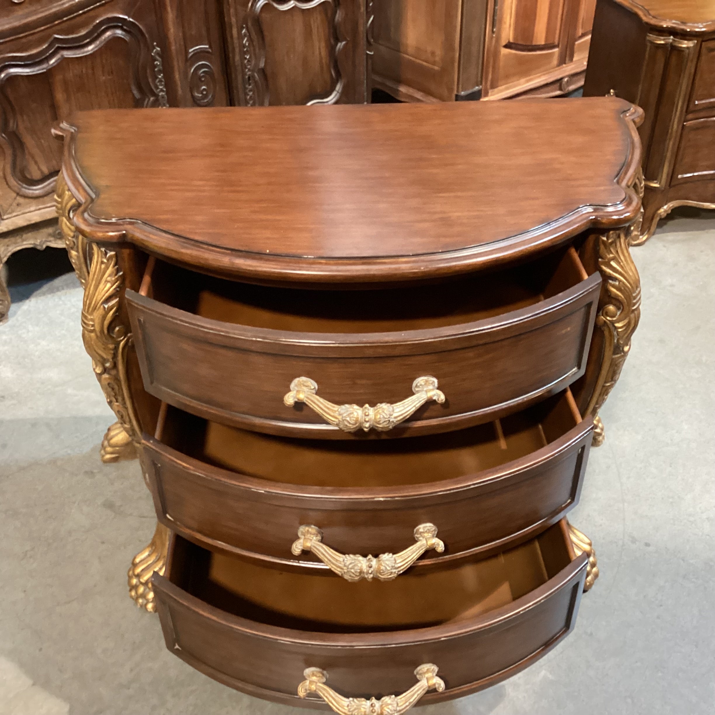 Ornate Carved Wood with Claw Feet & Gold Accent 3 Drawer Chest 48"x 25"x 34"