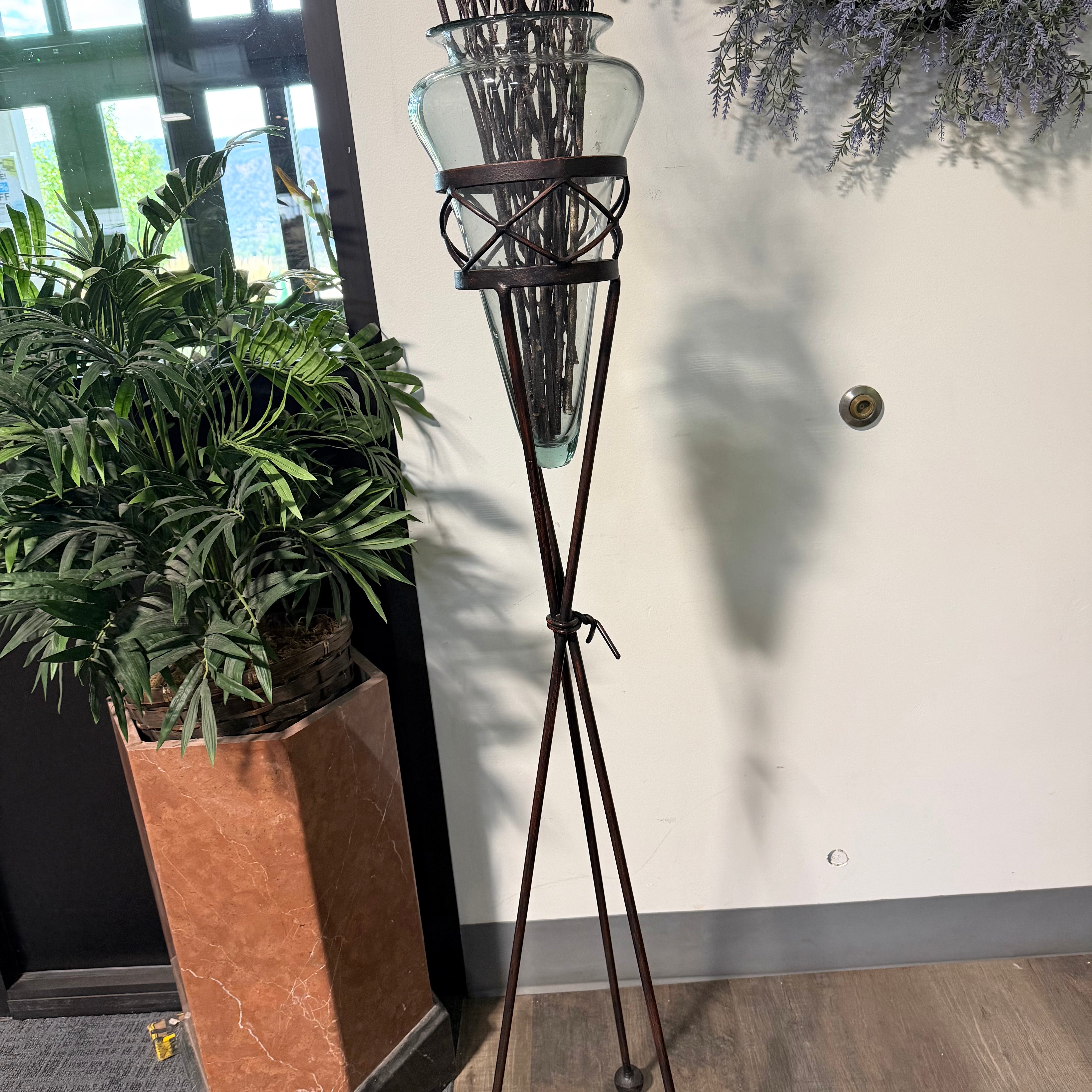 Ornamental Iron & Blown Glass Stand 14”x 14”x 59”
