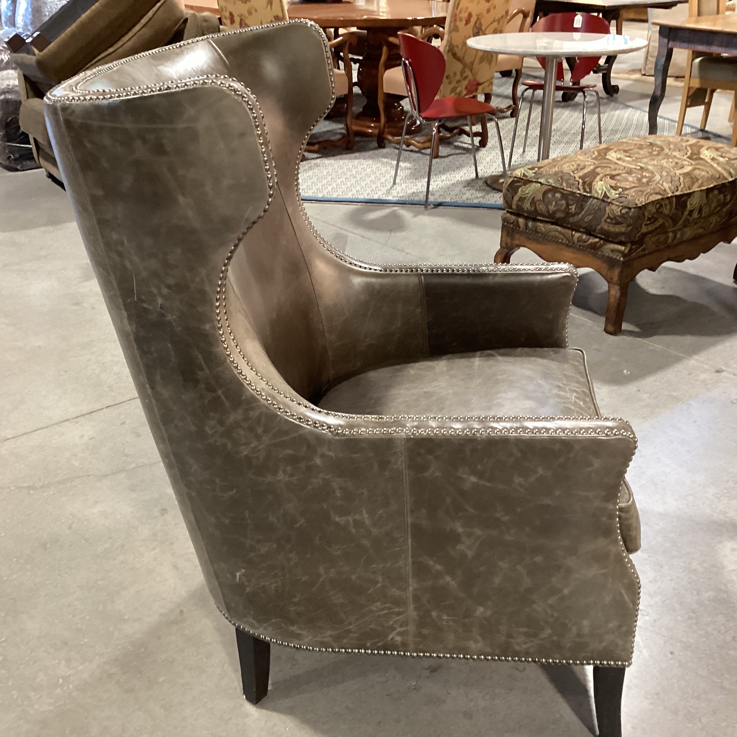 Bernhardt Interiors Olive Grey Distressed Leather Nailhead High Back Wing Chair 31"x 36"x 45"